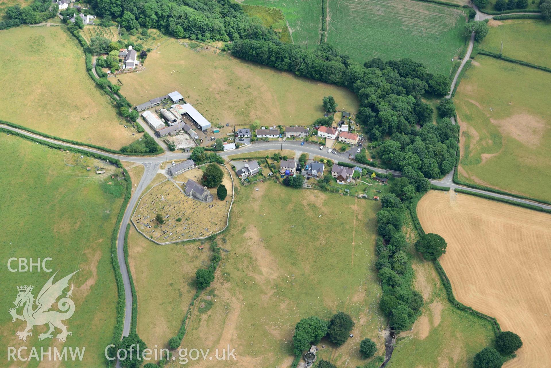 Aerial photograph: St Mary's Church, Llanfair Clydogau. Crown: CHERISH PROJECT 2018. Produced with EU funds through the Ireland Wales Co-operation Programme 2014-2020 (NGR SN624512)