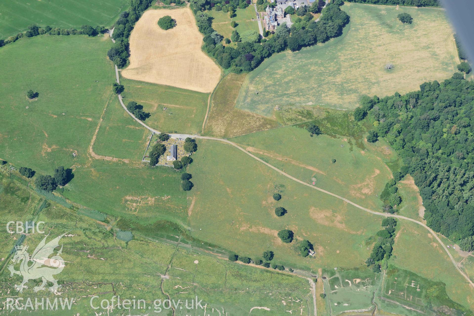 Aerial photograph: Caerhun Roman fort, with extensive parchmarks. Crown: CHERISH PROJECT 2018. Produced with EU funds through the Ireland Wales Co-operation Programme 2014-2020 (NGR: SH776703)