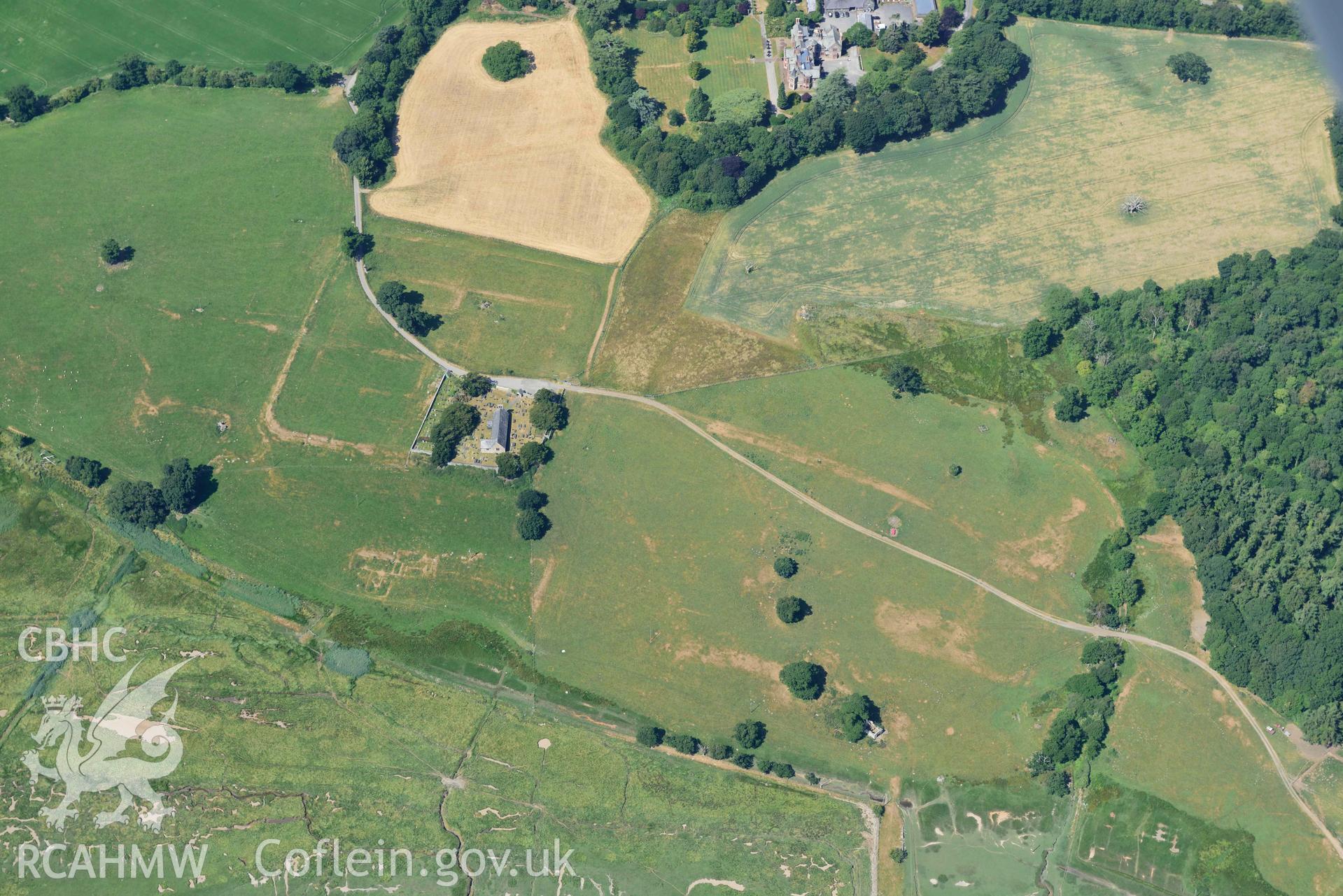 Aerial photograph: Caerhun Roman fort, with extensive parchmarks. Crown: CHERISH PROJECT 2018. Produced with EU funds through the Ireland Wales Co-operation Programme 2014-2020 (NGR: SH776703)