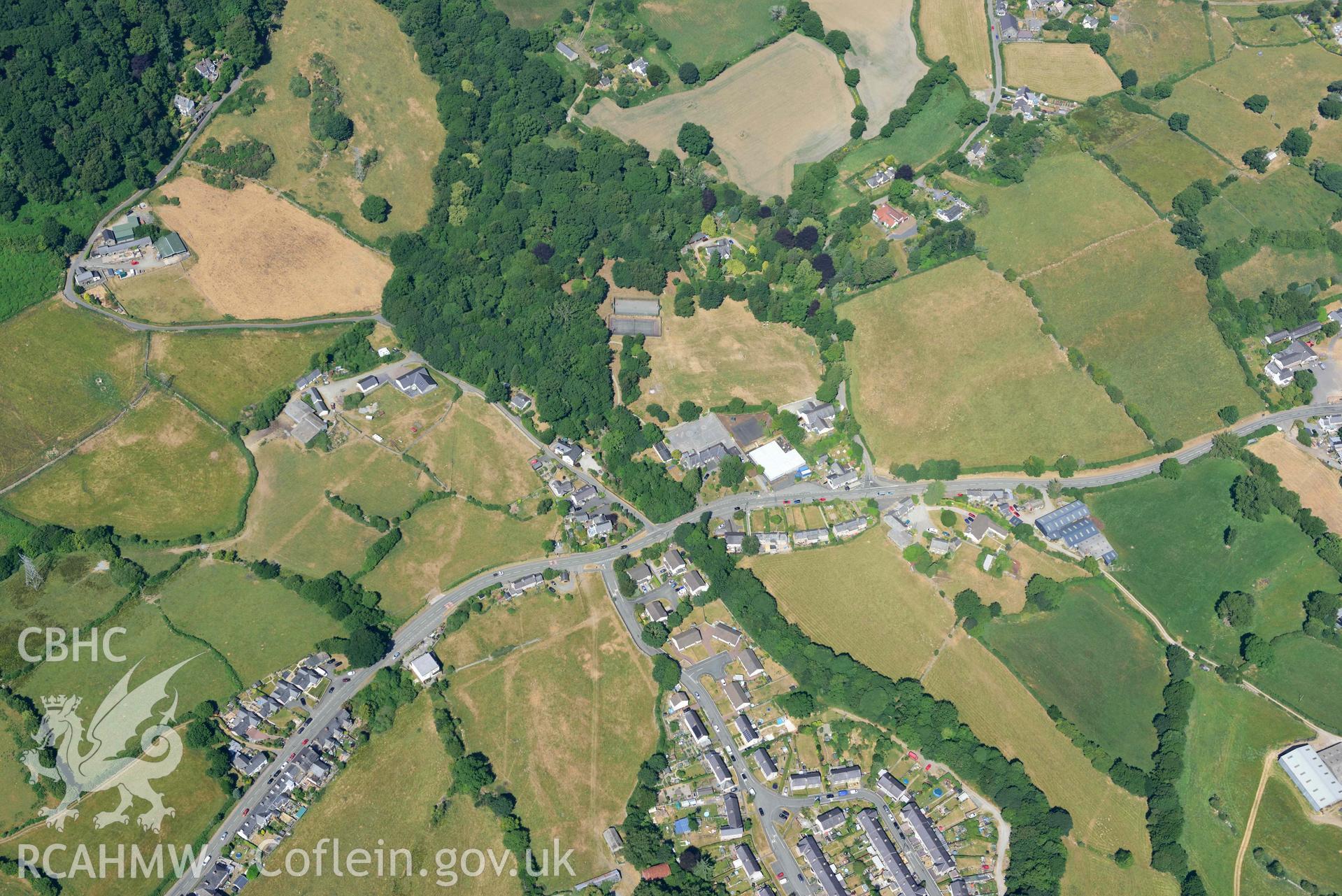 Aerial photograph: Talybont village, with non-archaeological parchmarks. Crown: CHERISH PROJECT 2018. Produced with EU funds through the Ireland Wales Co-operation Programme 2014-2020 (NGR: SH766688)