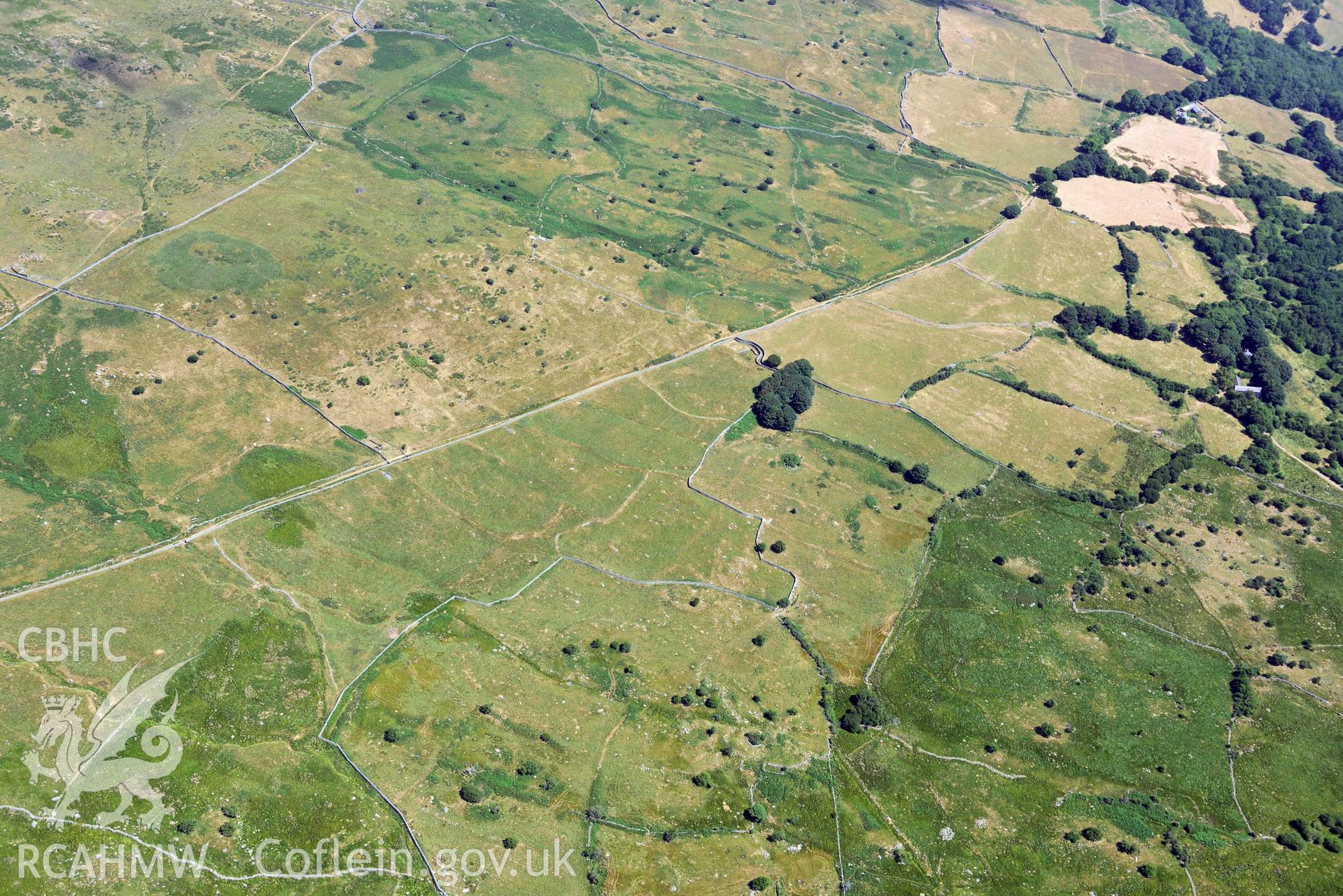 Aerial photograph: Prehistoric field system, Pen-y-parc, Rowen. Crown: CHERISH PROJECT 2018. Produced with EU funds through the Ireland Wales Co-operation Programme 2014-2020 (NGR: SH738716)