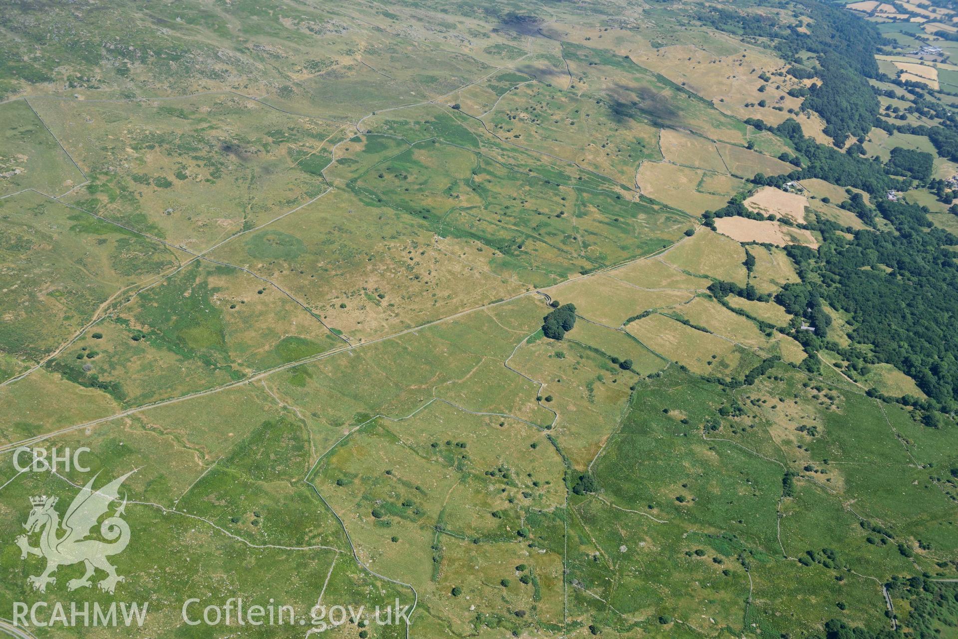 Aerial photograph: Prehistoric field system, Pen-y-parc, Rowen. Crown: CHERISH PROJECT 2018. Produced with EU funds through the Ireland Wales Co-operation Programme 2014-2020 (NGR: SH738716)