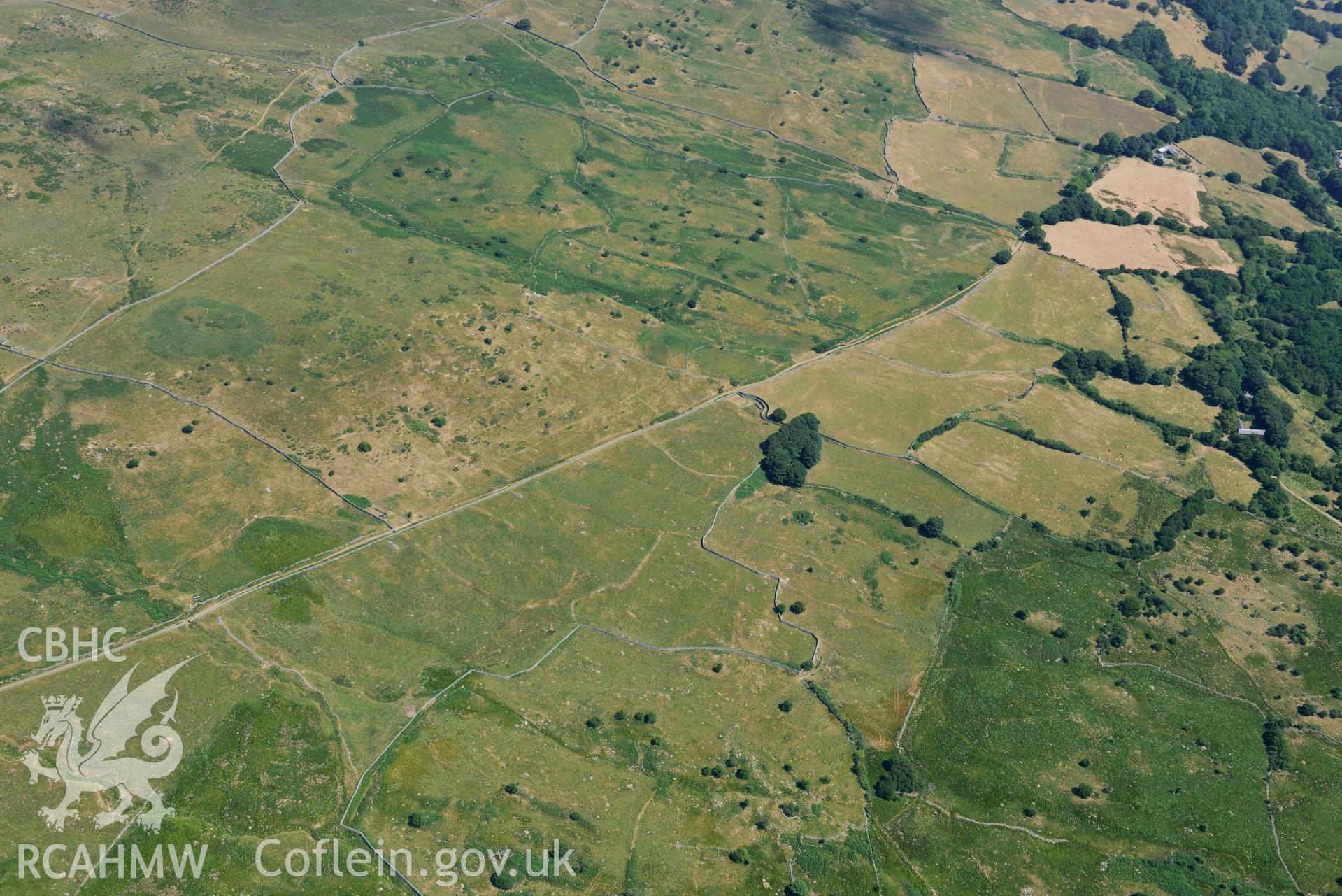 Aerial photograph: Prehistoric field system, Pen-y-parc, Rowen. Crown: CHERISH PROJECT 2018. Produced with EU funds through the Ireland Wales Co-operation Programme 2014-2020 (NGR: SH738716)