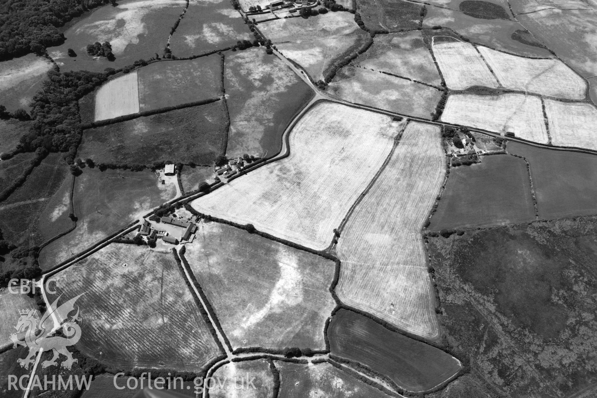 Aerial photograph: Taigwynion, cropmarks of early fields. Crown: CHERISH PROJECT 2018. Produced with EU funds through the Ireland Wales Co-operation Programme 2014-2020 (NGR: SH446561)