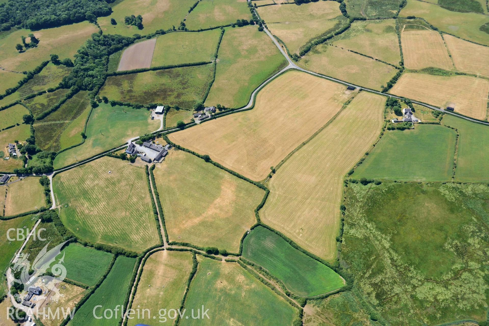 Aerial photograph: Taigwynion, cropmarks of early fields. Crown: CHERISH PROJECT 2018. Produced with EU funds through the Ireland Wales Co-operation Programme 2014-2020 (NGR: SH446561)