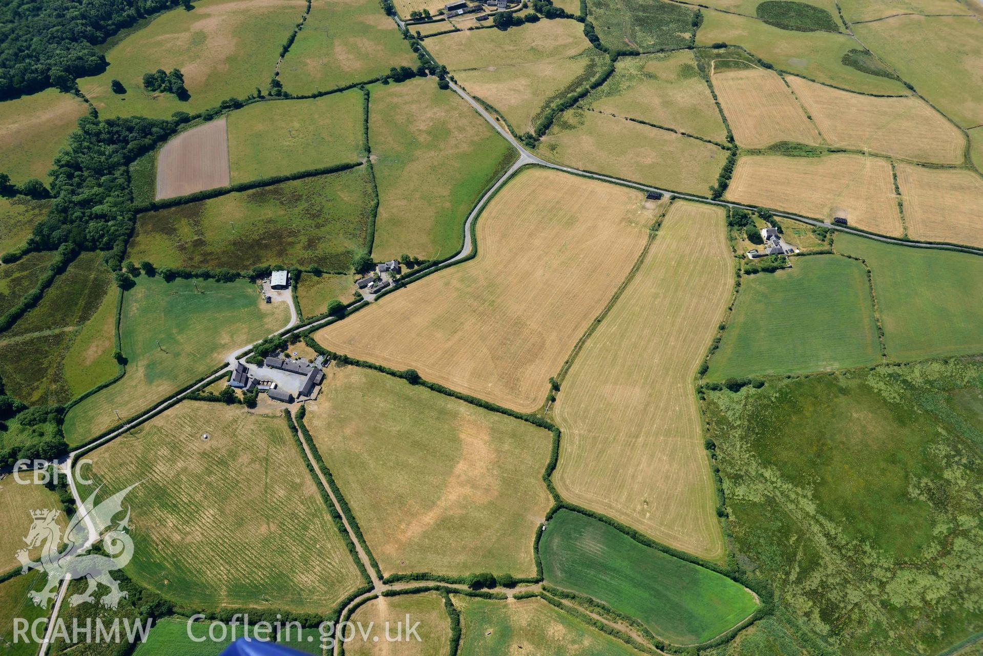 Aerial photograph: Taigwynion, cropmarks of early fields. Crown: CHERISH PROJECT 2018. Produced with EU funds through the Ireland Wales Co-operation Programme 2014-2020 (NGR: SH446561)