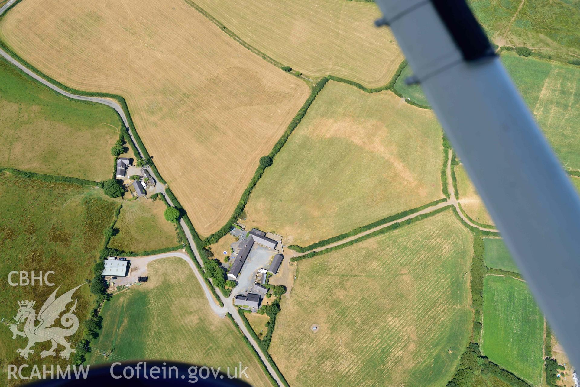 Aerial photograph: Taigwynion, cropmarks of early fields. Crown: CHERISH PROJECT 2018. Produced with EU funds through the Ireland Wales Co-operation Programme 2014-2020 (NGR: SH446561)