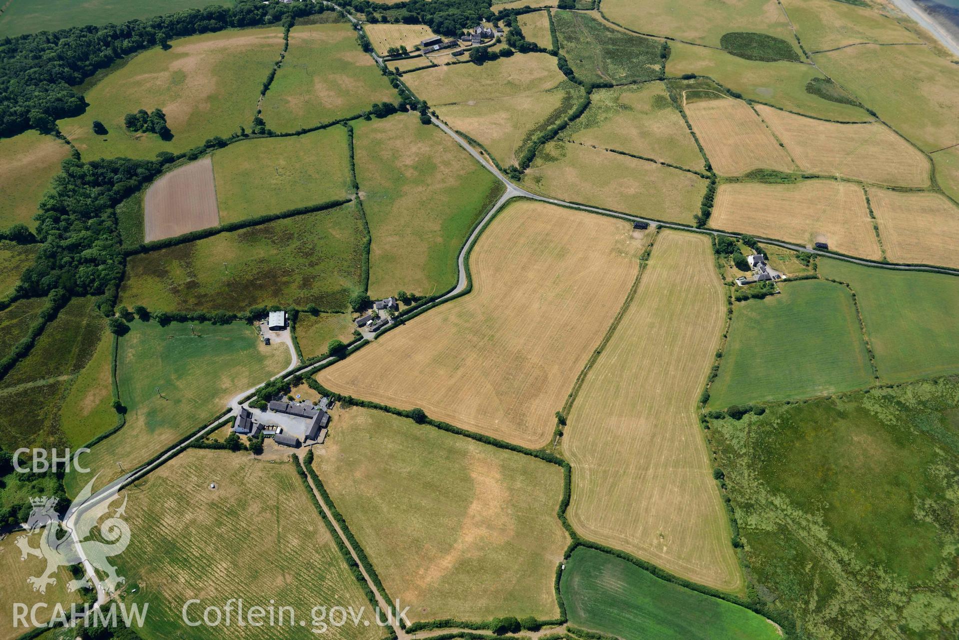 Aerial photograph: Taigwynion, cropmarks of early fields. Crown: CHERISH PROJECT 2018. Produced with EU funds through the Ireland Wales Co-operation Programme 2014-2020 (NGR: SH446561)