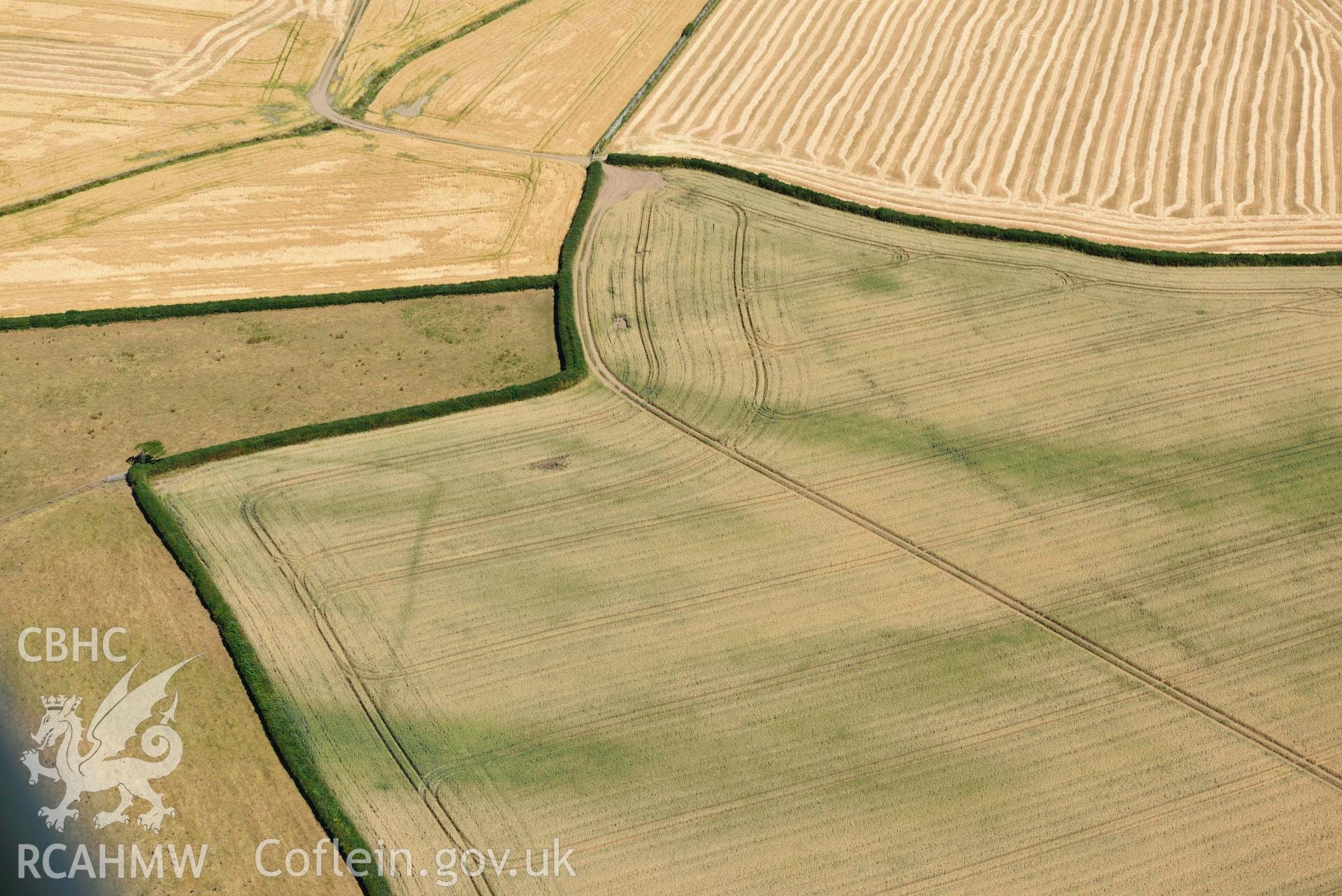 Aerial photograph: Enclosure cropmark east of St Baglan's Church. Crown: CHERISH PROJECT 2018. Produced with EU funds through the Ireland Wales Co-operation Programme 2014-2020 (NGR: SH457604)