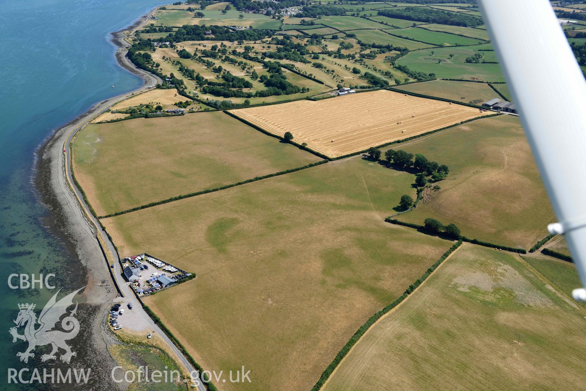 Aerial photograph: Plas Farm, early field systems, cropmarks. Crown: CHERISH PROJECT 2018. Produced with EU funds through the Ireland Wales Co-operation Programme 2014-2020 (NGR: SH456615)