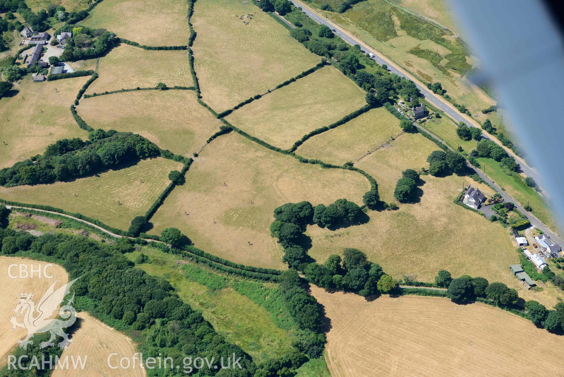 Aerial photograph: Enclosure south of Wern-Bach, with cropmarks. Crown: CHERISH PROJECT 2018. Produced with EU funds through the Ireland Wales Co-operation Programme 2014-2020 (NGR: SH441534)