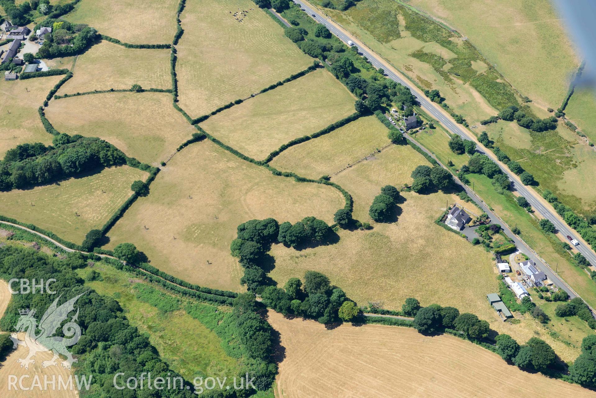 Aerial photograph: Enclosure south of Wern-Bach, with cropmarks. Crown: CHERISH PROJECT 2018. Produced with EU funds through the Ireland Wales Co-operation Programme 2014-2020 (NGR: SH441534)