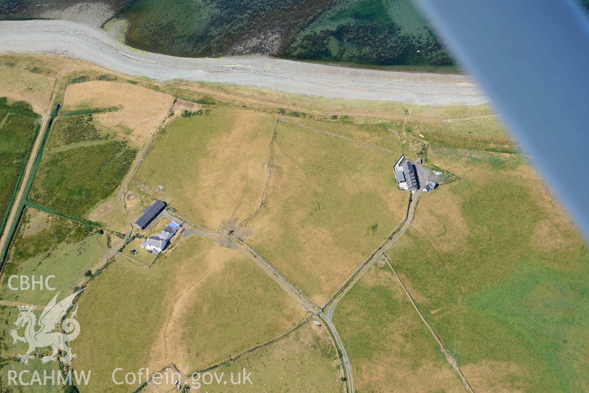 Aerial photograph: Cropmarks of settlement and early fields at Ynys-fach. Crown: CHERISH PROJECT 2018. Produced with EU funds through the Ireland Wales Co-operation Programme 2014-2020 (NGR: SH435544)