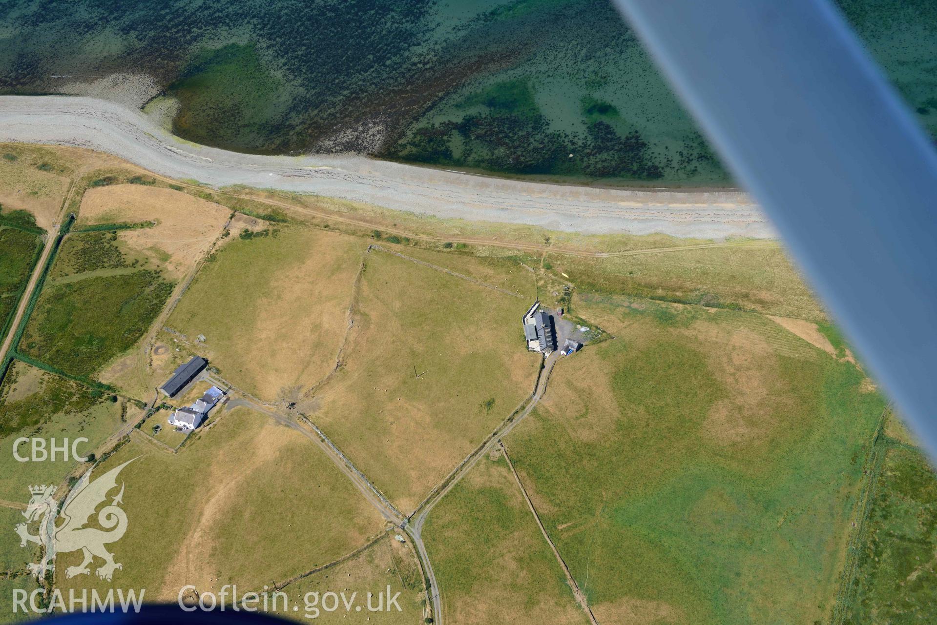 Aerial photograph: Cropmarks of settlement and early fields at Ynys-fach. Crown: CHERISH PROJECT 2018. Produced with EU funds through the Ireland Wales Co-operation Programme 2014-2020 (NGR: SH435544)