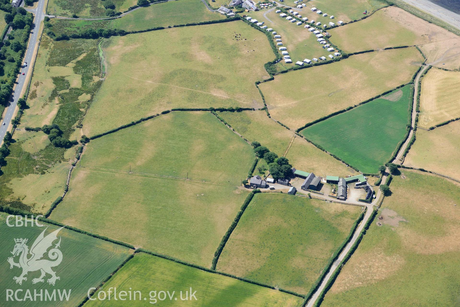 Aerial photograph: Cropmarks of settlement and early fields at Ynys-fach. Crown: CHERISH PROJECT 2018. Produced with EU funds through the Ireland Wales Co-operation Programme 2014-2020 (NGR: SH435544)