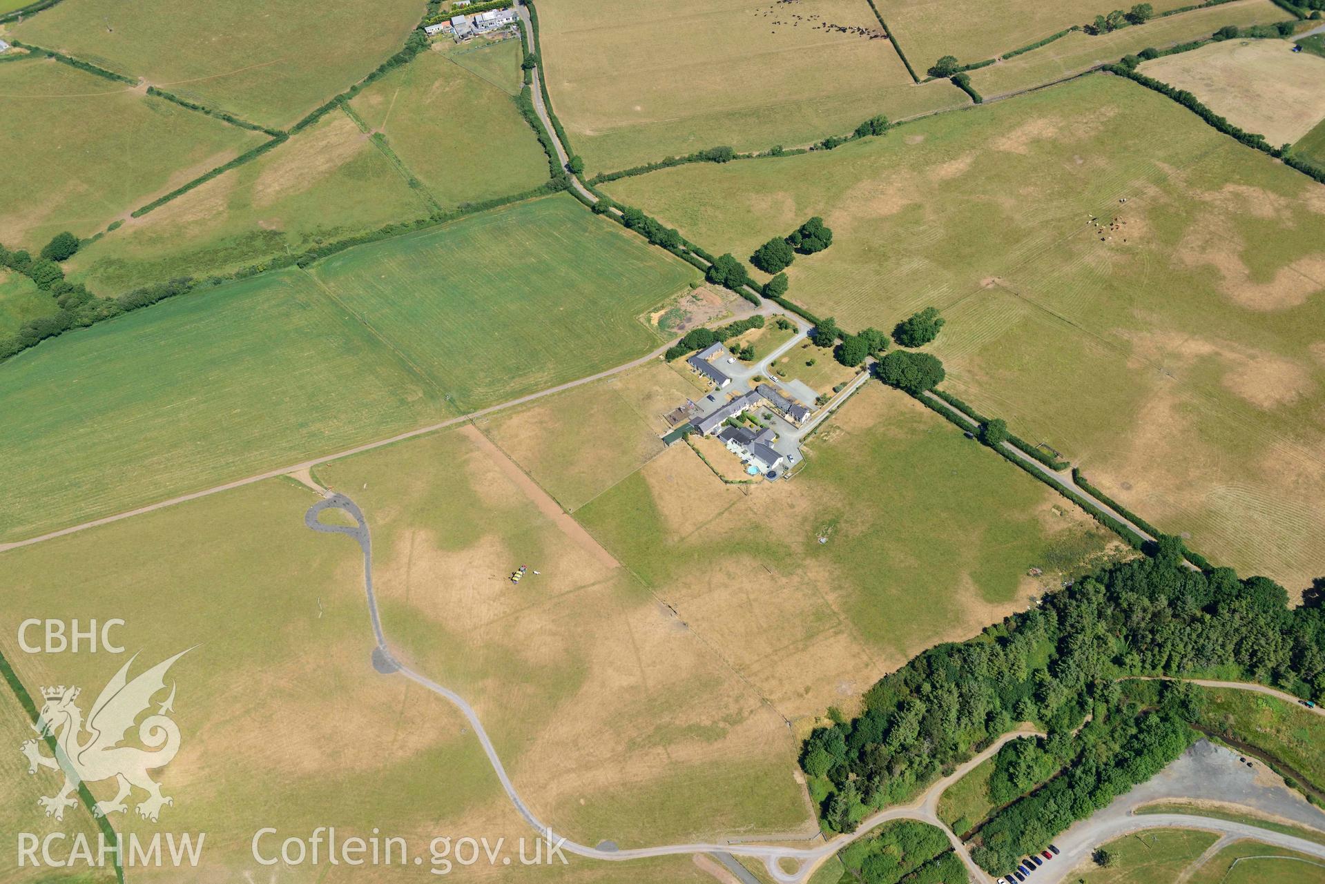 Aerial photograph: Tai Cochion Roman settlement, parchmarks of boundaries. Crown: CHERISH PROJECT 2018. Produced with EU funds through the Ireland Wales Co-operation Programme 2014-2020 (NGR: SH479656)