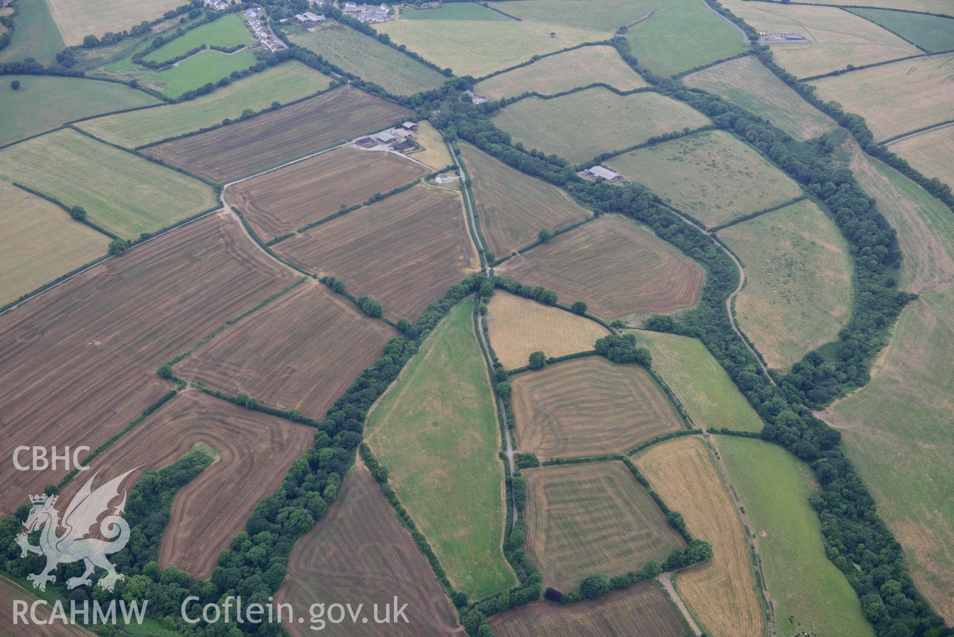 Aerial photograph: Walton Mill Rath, with parchmarks. Crown: CHERISH PROJECT 2018. Produced with EU funds through the Ireland Wales Co-operation Programme 2014-2020 (NGR: SN032231)