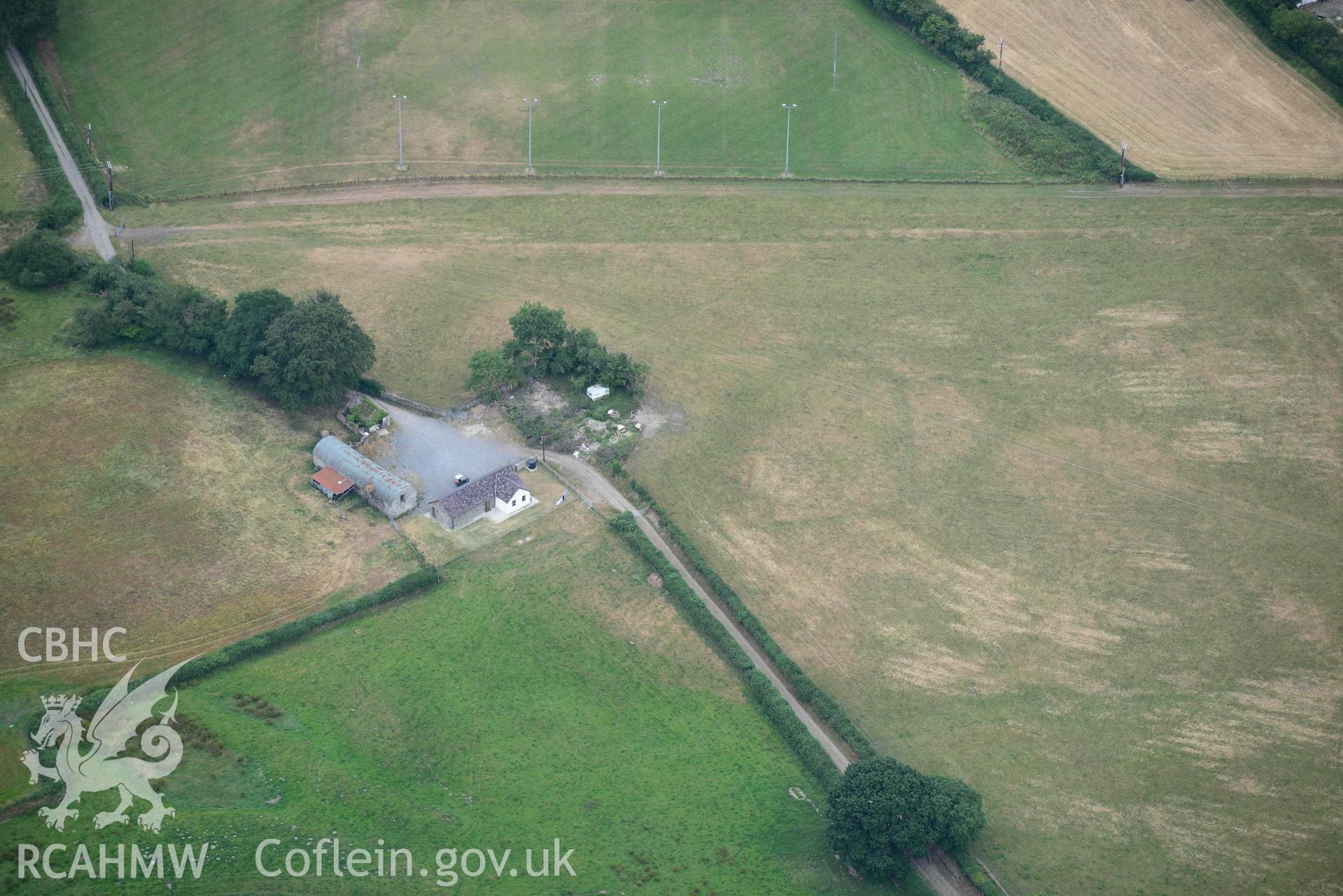 Aerial photograph: Beili-coch Cwmann, cropmark enclosure. Crown: CHERISH PROJECT 2018. Produced with EU funds through the Ireland Wales Co-operation Programme 2014-2020 (NGR SN575468)