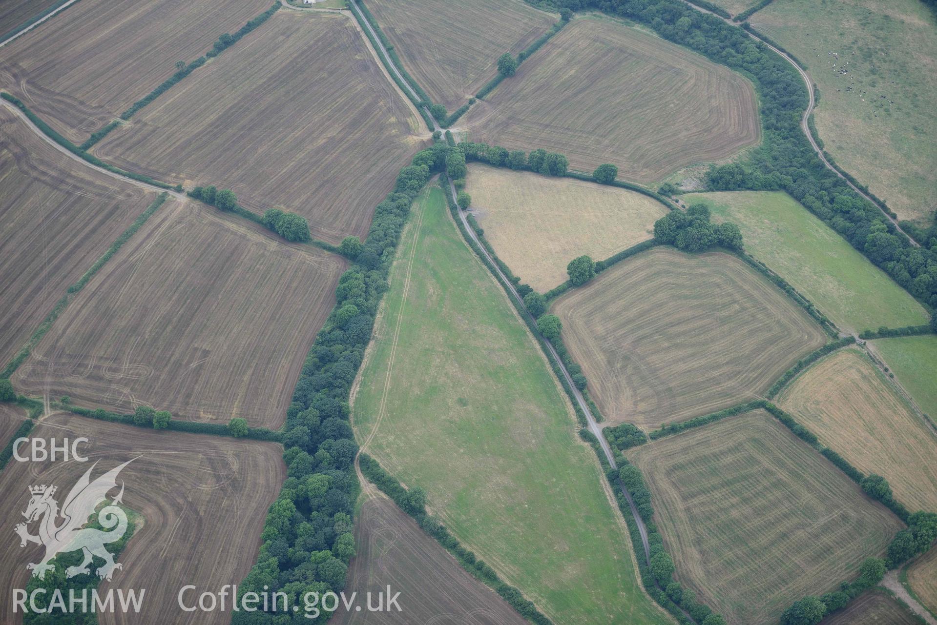 Aerial photograph: Walton Mill Rath, with parchmarks. Crown: CHERISH PROJECT 2018. Produced with EU funds through the Ireland Wales Co-operation Programme 2014-2020 (NGR: SN032231)