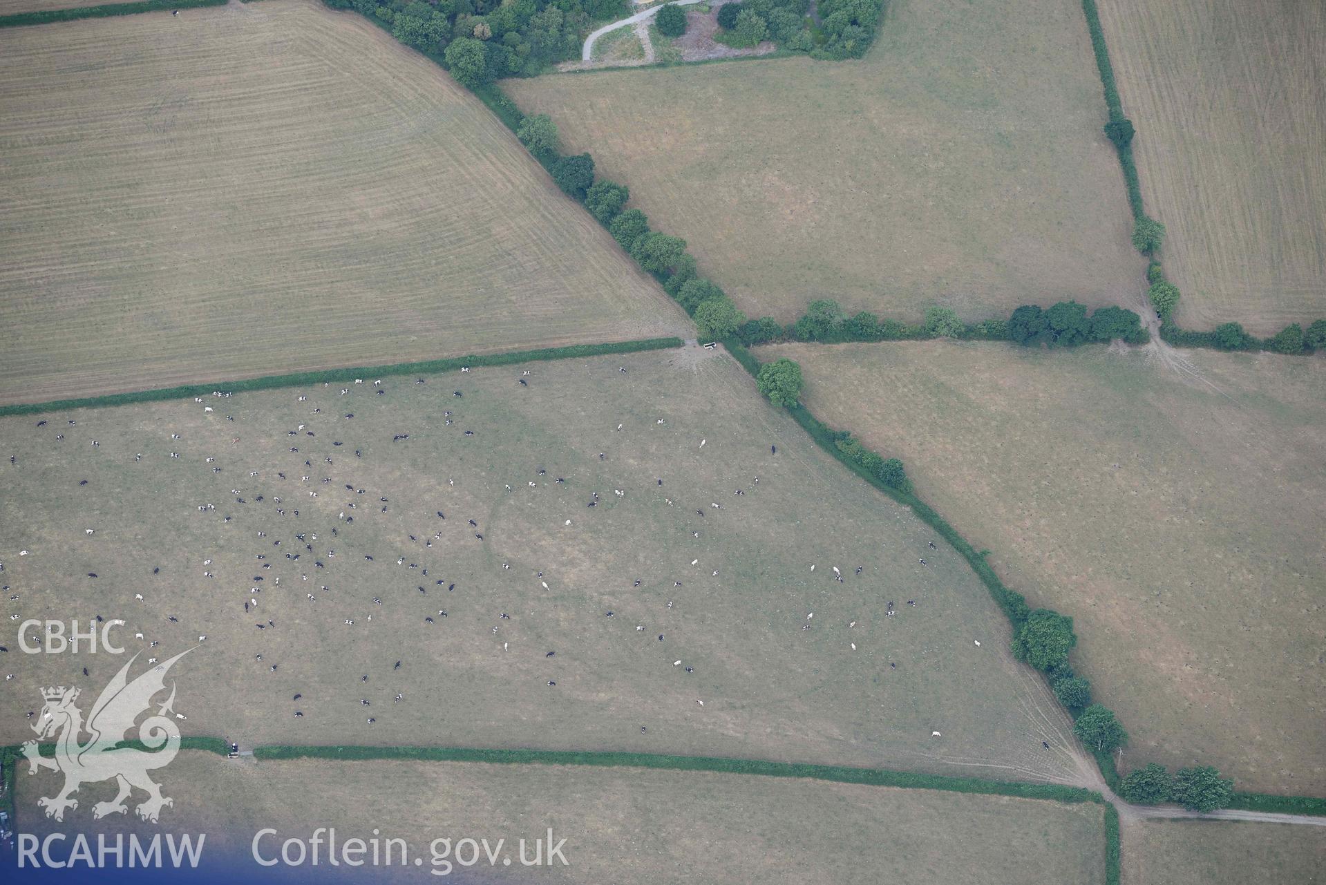 Aerial photograph: Penwaun or Pengelli-fach defended enclosure cropmark. Crown: CHERISH PROJECT 2018. Produced with EU funds through the Ireland Wales Co-operation Programme 2014-2020 (NGR: SN293405)