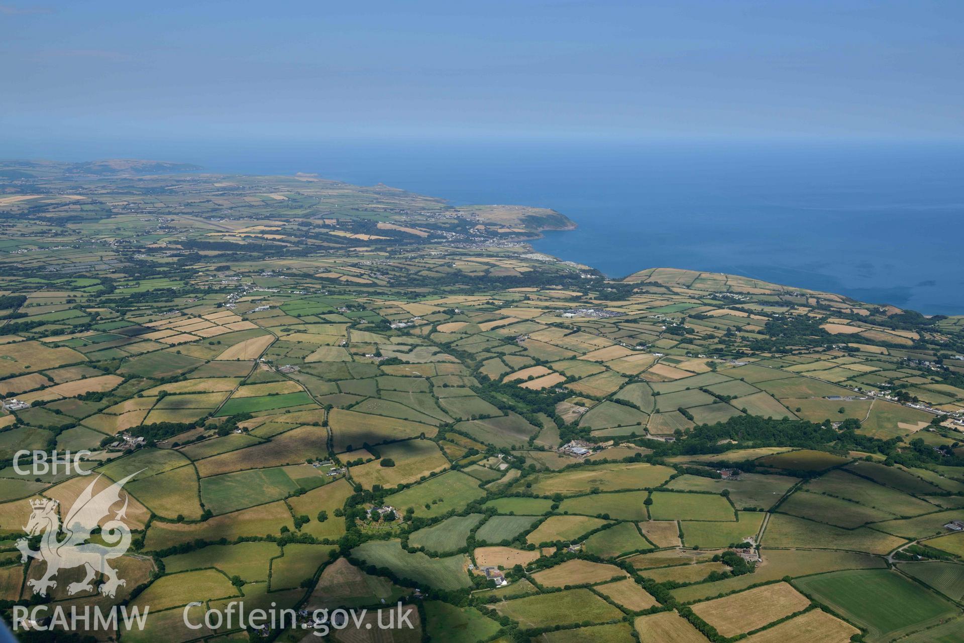 Aerial photograph: Aberporth, summer landscape view from east. Crown: CHERISH PROJECT 2018. Produced with EU funds through the Ireland Wales Co-operation Programme 2014-2020 (NGR: SN257513)