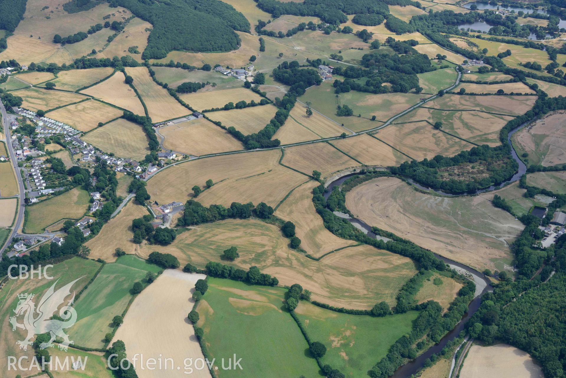 Aerial photograph: Capel Bangor Roman marching camp, view from north-west. Crown: CHERISH PROJECT 2018. Produced with EU funds through the Ireland Wales Co-operation Programme 2014-2020 (NGR SN658795)