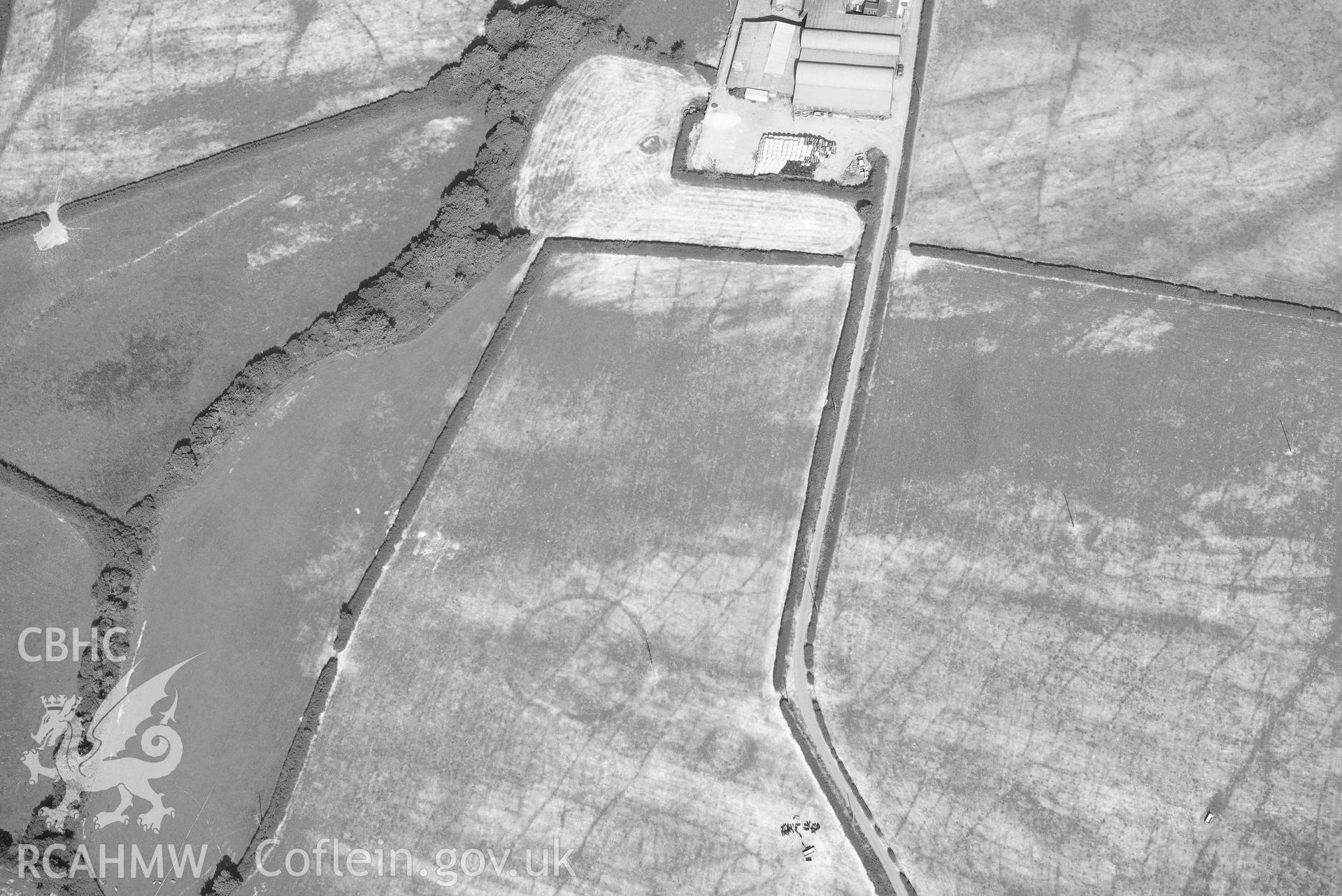 Aerial photograph: Eisteddfa circular enclosure cropmarks. Crown: CHERISH PROJECT 2018. Produced with EU funds through the Ireland Wales Co-operation Programme 2014-2020 (NGR: SN314529)