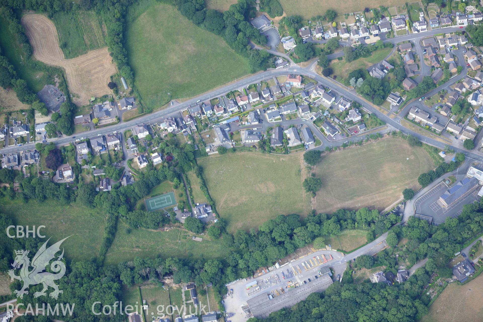 Aerial photograph: Aberaeron Railway Station, view from southeast. Crown: CHERISH PROJECT 2018. Produced with EU funds through the Ireland Wales Co-operation Programme 2014-2020 (NGR: SN459623)