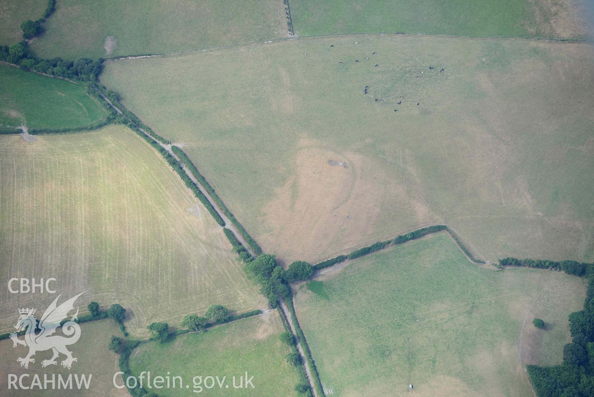 Aerial photograph: Pant-teg defended enclosure cropmarks. Crown: CHERISH PROJECT 2018. Produced with EU funds through the Ireland Wales Co-operation Programme 2014-2020 (NGR: SN453622)