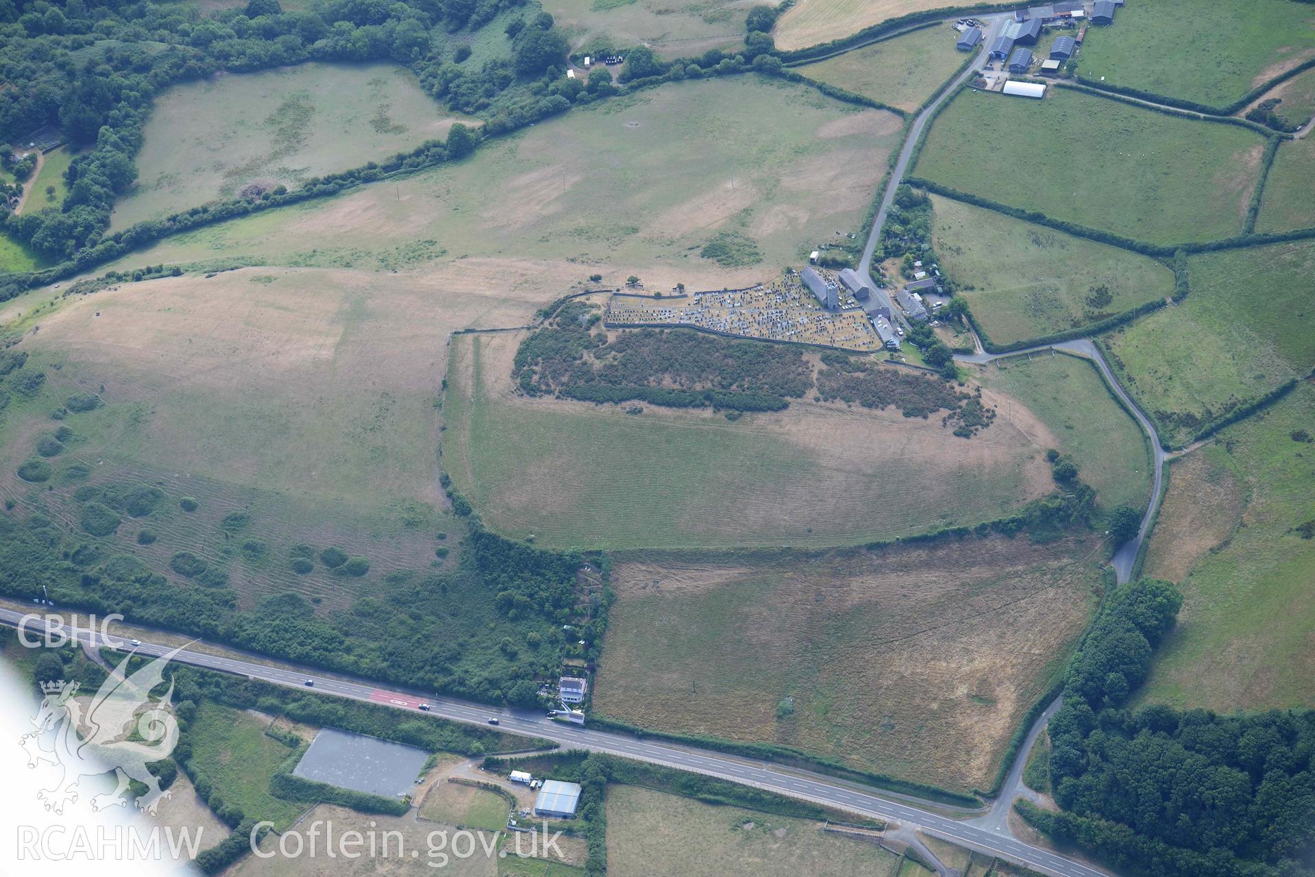 Aerial photograph: Hillfort, St David's Church, Aberarth. Crown: CHERISH PROJECT 2018. Produced with EU funds through the Ireland Wales Co-operation Programme 2014-2020 (NGR: SN476633)