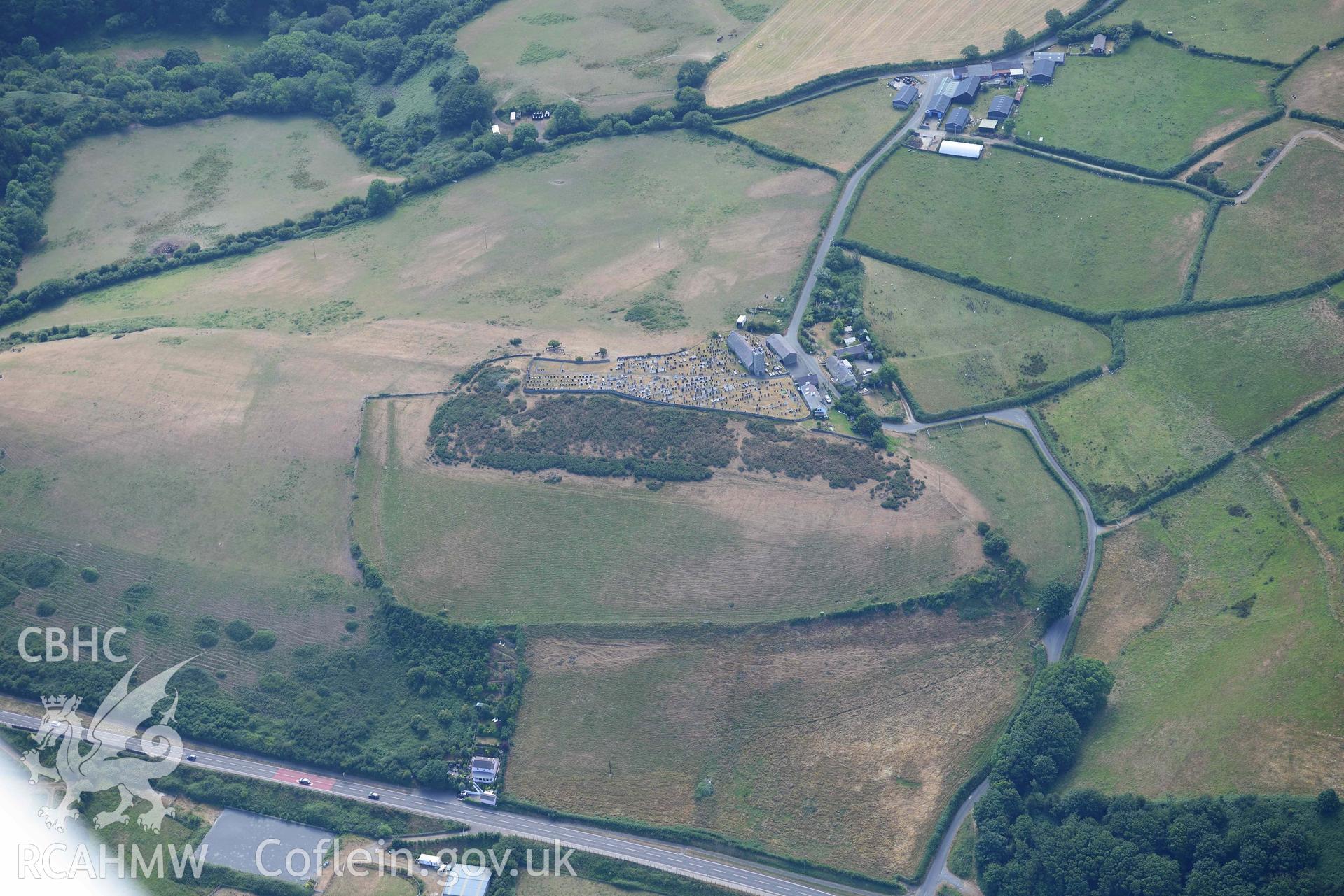 Aerial photograph: Hillfort, St David's Church, Aberarth. Crown: CHERISH PROJECT 2018. Produced with EU funds through the Ireland Wales Co-operation Programme 2014-2020 (NGR: SN476633)