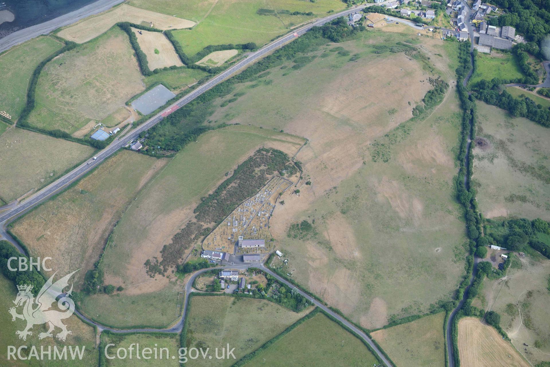 Aerial photograph: Hillfort, St David's Church, Aberarth. Crown: CHERISH PROJECT 2018. Produced with EU funds through the Ireland Wales Co-operation Programme 2014-2020 (NGR: SN476633)