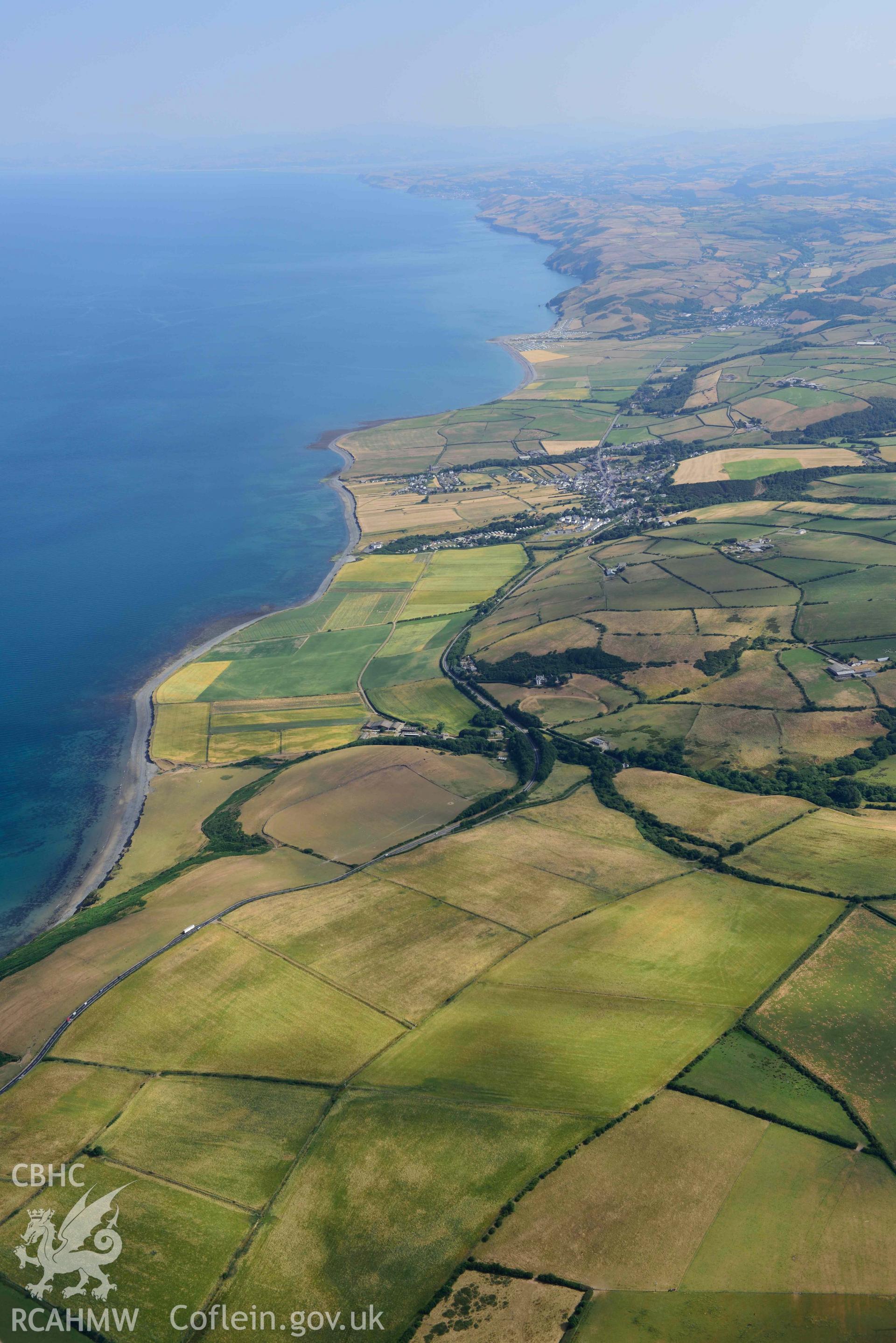 Aerial photograph: Llanon village, coastal landscape from south-west. Crown: CHERISH PROJECT 2018. Produced with EU funds through the Ireland Wales Co-operation Programme 2014-2020 (NGR: SN512670)