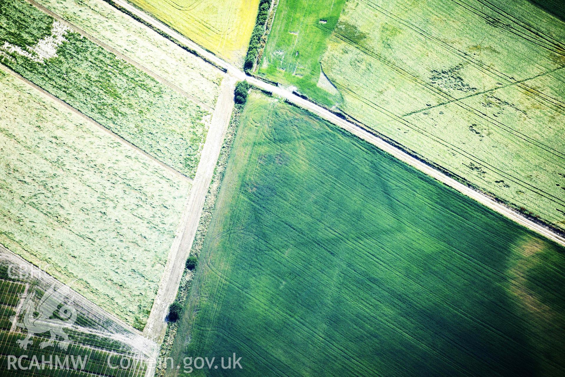 Aerial photograph: Llanon defended enclosure, Morfa Mawr. Crown: CHERISH PROJECT 2018. Produced with EU funds through the Ireland Wales Co-operation Programme 2014-2020 (NGR: SN505662)