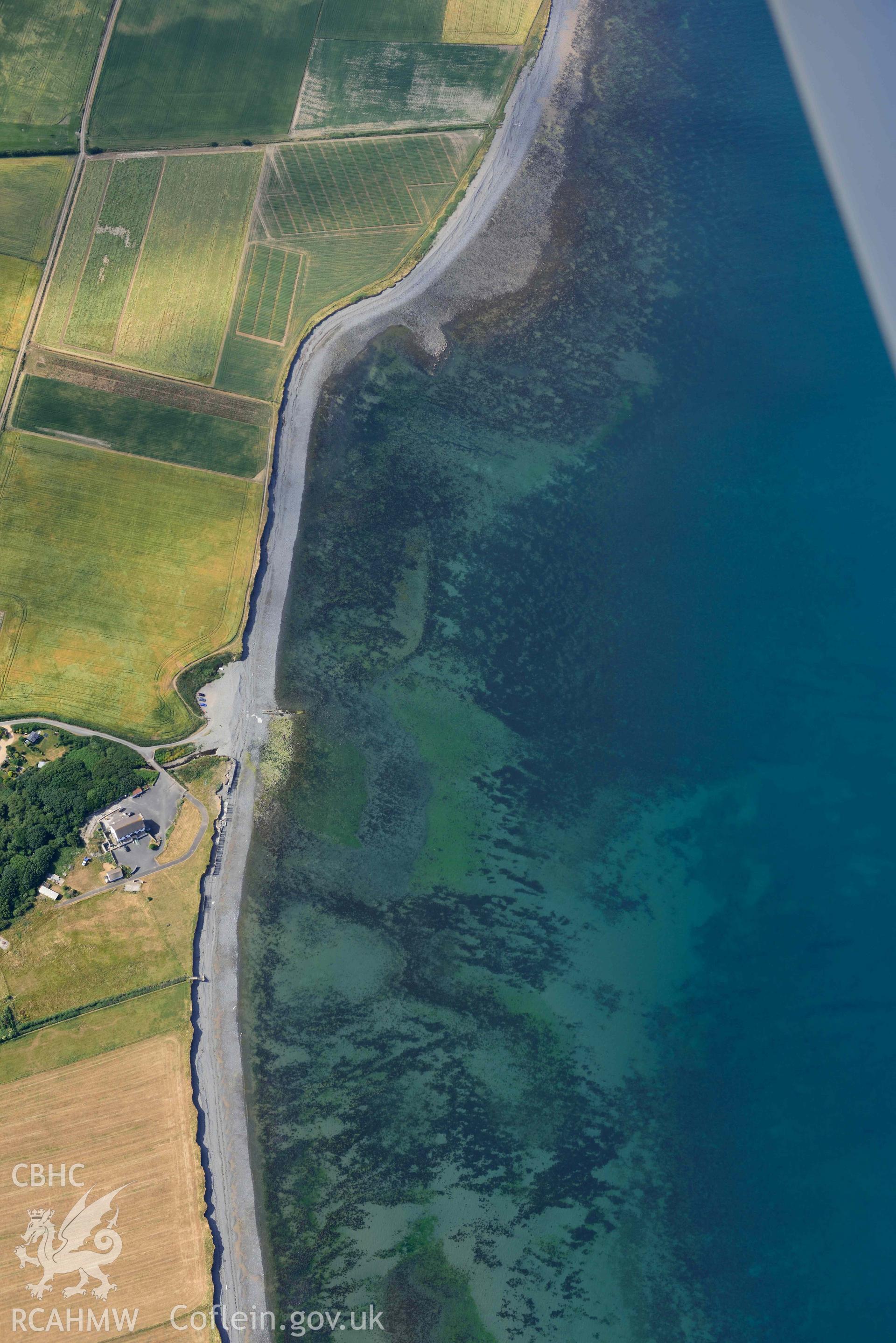 Aerial photograph: Llanon fishtrap and breakwater. Crown: CHERISH PROJECT 2018. Produced with EU funds through the Ireland Wales Co-operation Programme 2014-2020 (NGR: SN505667)