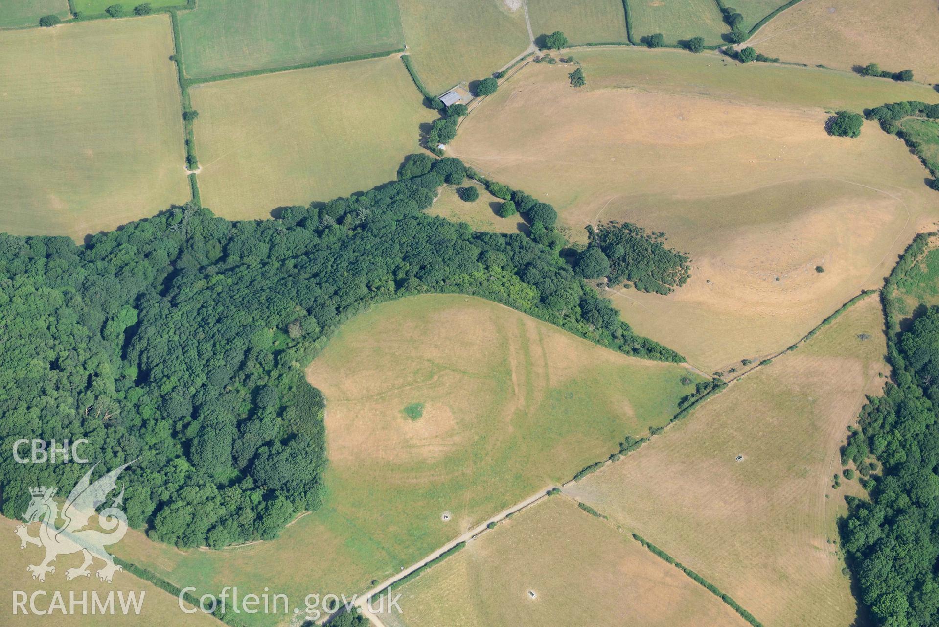 Aerial photograph: Castell Mawr hillfort, with parchmarks. Crown: CHERISH PROJECT 2018. Produced with EU funds through the Ireland Wales Co-operation Programme 2014-2020 (NGR: SN537686)