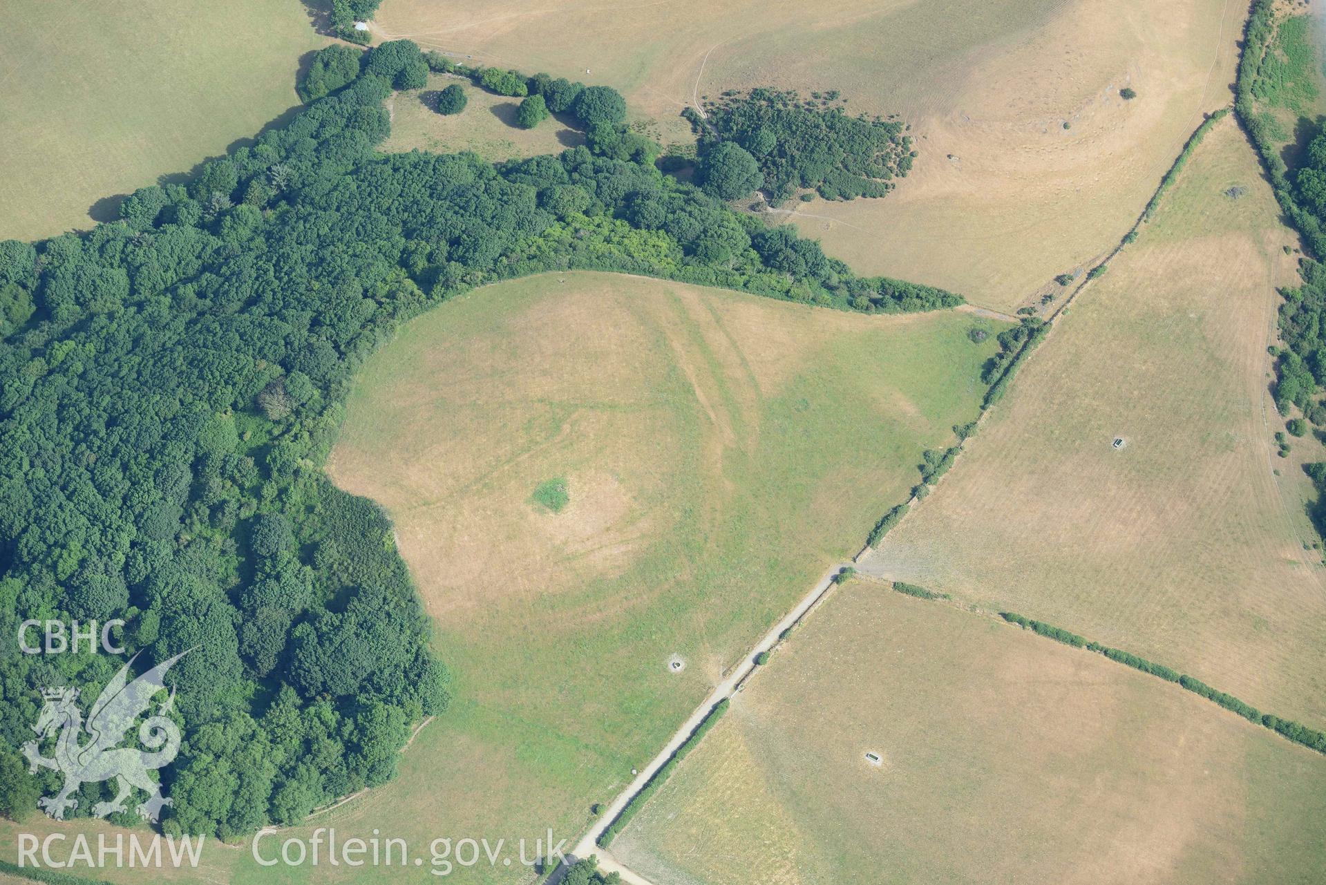 Aerial photograph: Castell Mawr hillfort, with parchmarks. CHERISH PROJECT 2018. Produced with EU funds through the Ireland Wales Co-operation Programme 2014-2020 (NGR: SN537686)