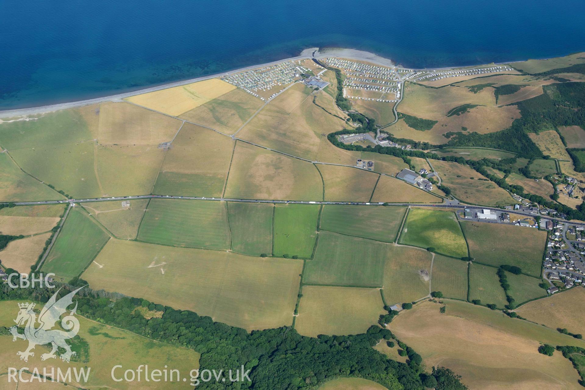 Aerial photograph: Llanrhystud fishtrap, wide landscape from southeast. Crown: CHERISH PROJECT 2018. Produced with EU funds through the Ireland Wales Co-operation Programme 2014-2020 (NGR: SN524695)