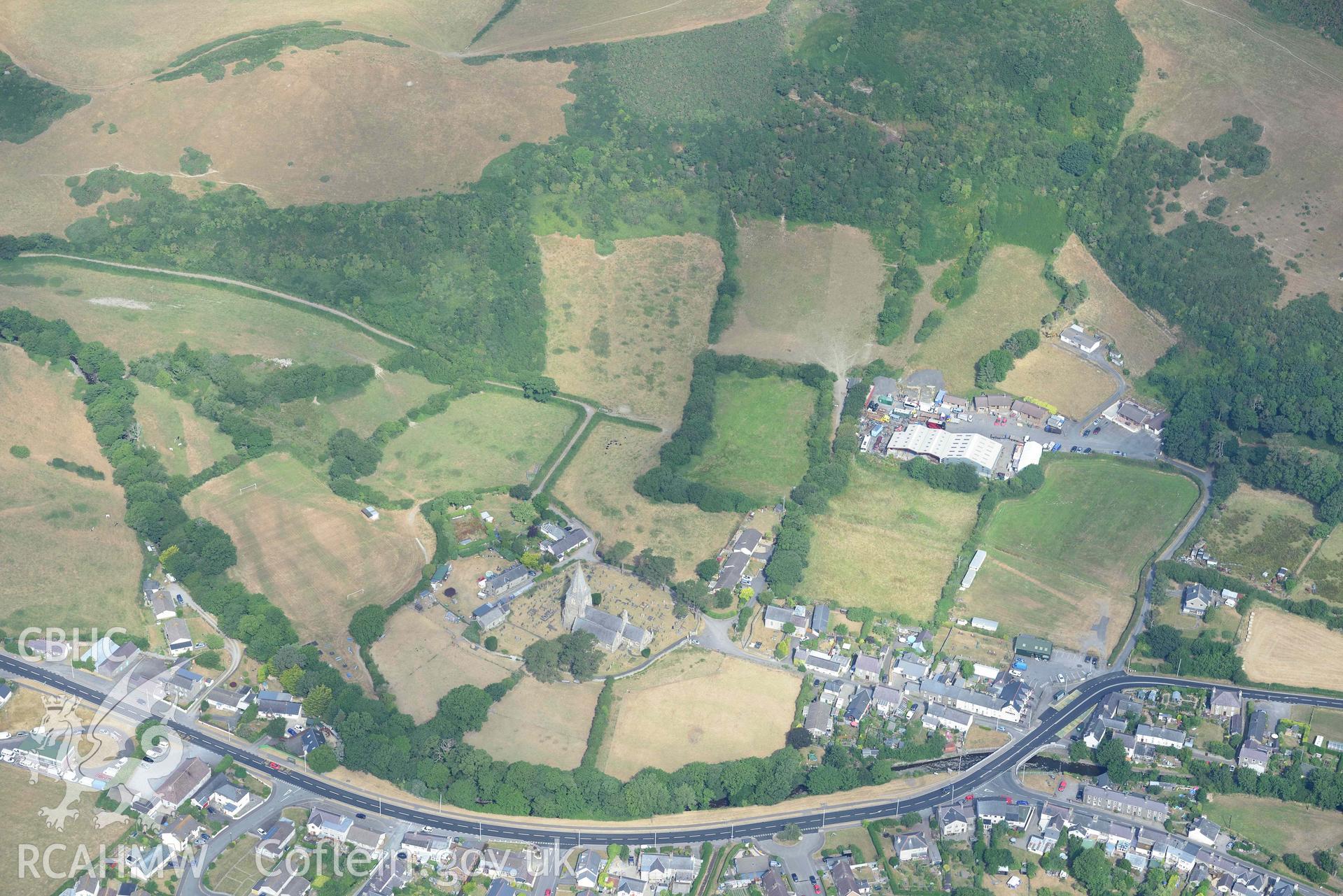 Aerial photograph: Llanrhystud village, with parchmarks. Crown: CHERISH PROJECT 2018. Produced with EU funds through the Ireland Wales Co-operation Programme 2014-2020 (NGR: SN539697)