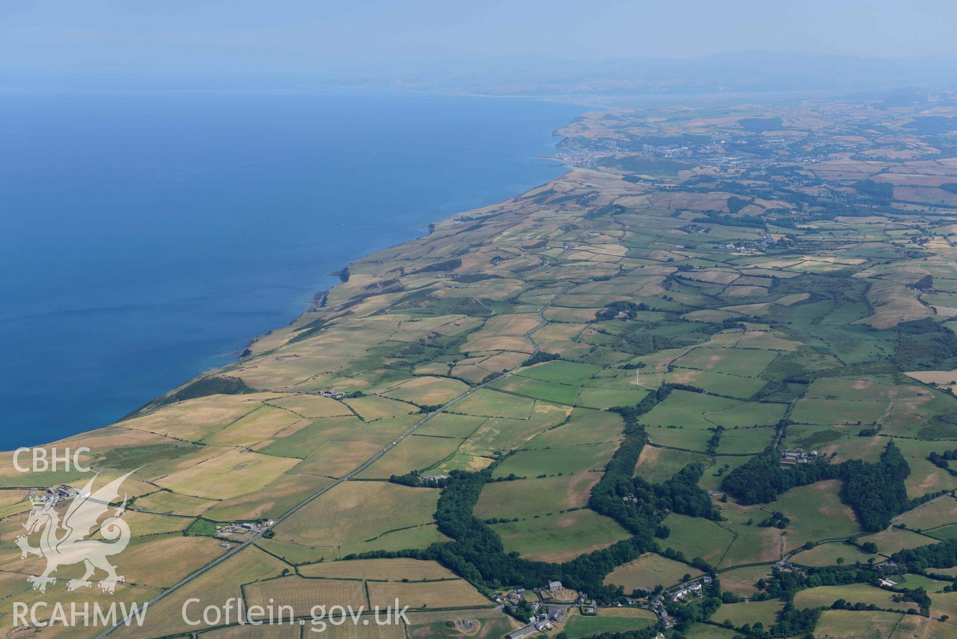 Aerial photograph: Cardigan Bay coastal plain with parchmarks, looking north from Llanddeiniol. Crown: CHERISH PROJECT 2018. Produced with EU funds through the Ireland Wales Co-operation Programme 2014-2020 (NGR: SN561720)