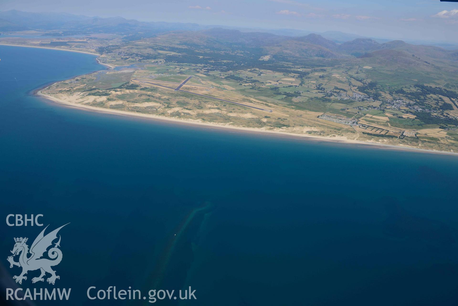 Aerial photograph: Llanbedr Airfield and Shell Island. Crown: CHERISH PROJECT 2018. Produced with EU funds through the Ireland Wales Co-operation Programme 2014-2020 (NGR SH570260)