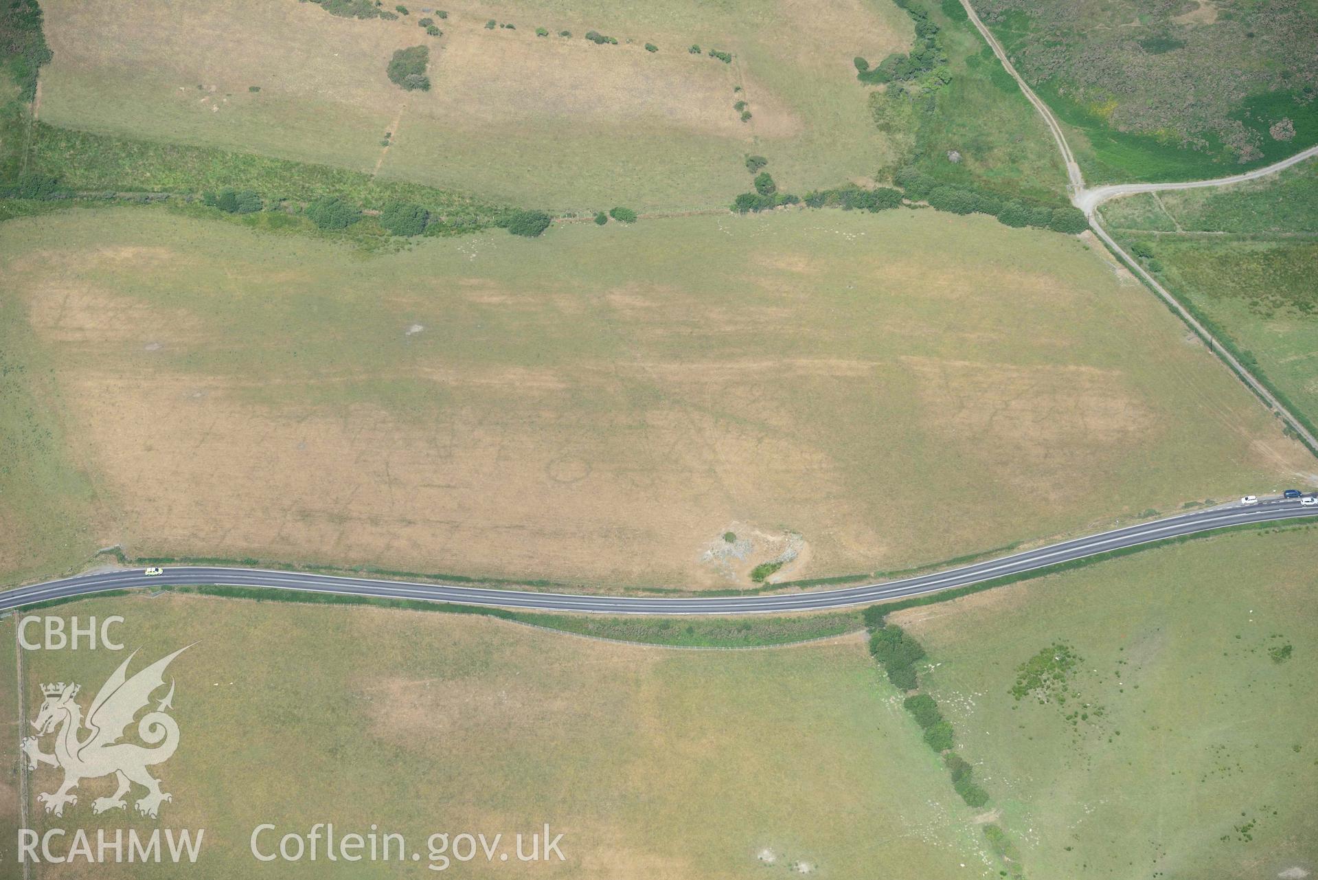 Aerial photograph: Berth-rhys, cropmark ring ditch. Crown: CHERISH PROJECT 2018. Produced with EU funds through the Ireland Wales Co-operation Programme 2014-2020 (NGR: SN563739)