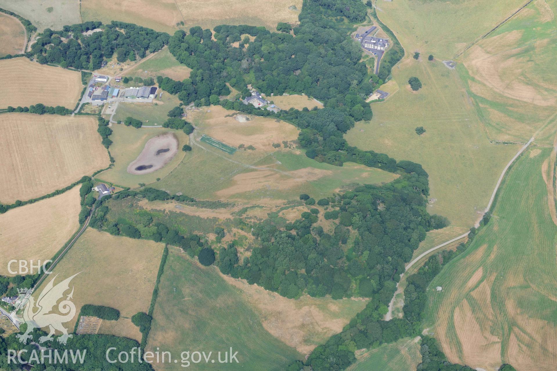 Aerial photograph: Castell Tan y Bwlch Castle, with parchmarks. Crown: CHERISH PROJECT 2018. Produced with EU funds through the Ireland Wales Co-operation Programme 2014-2020 (NGR: SN585790)