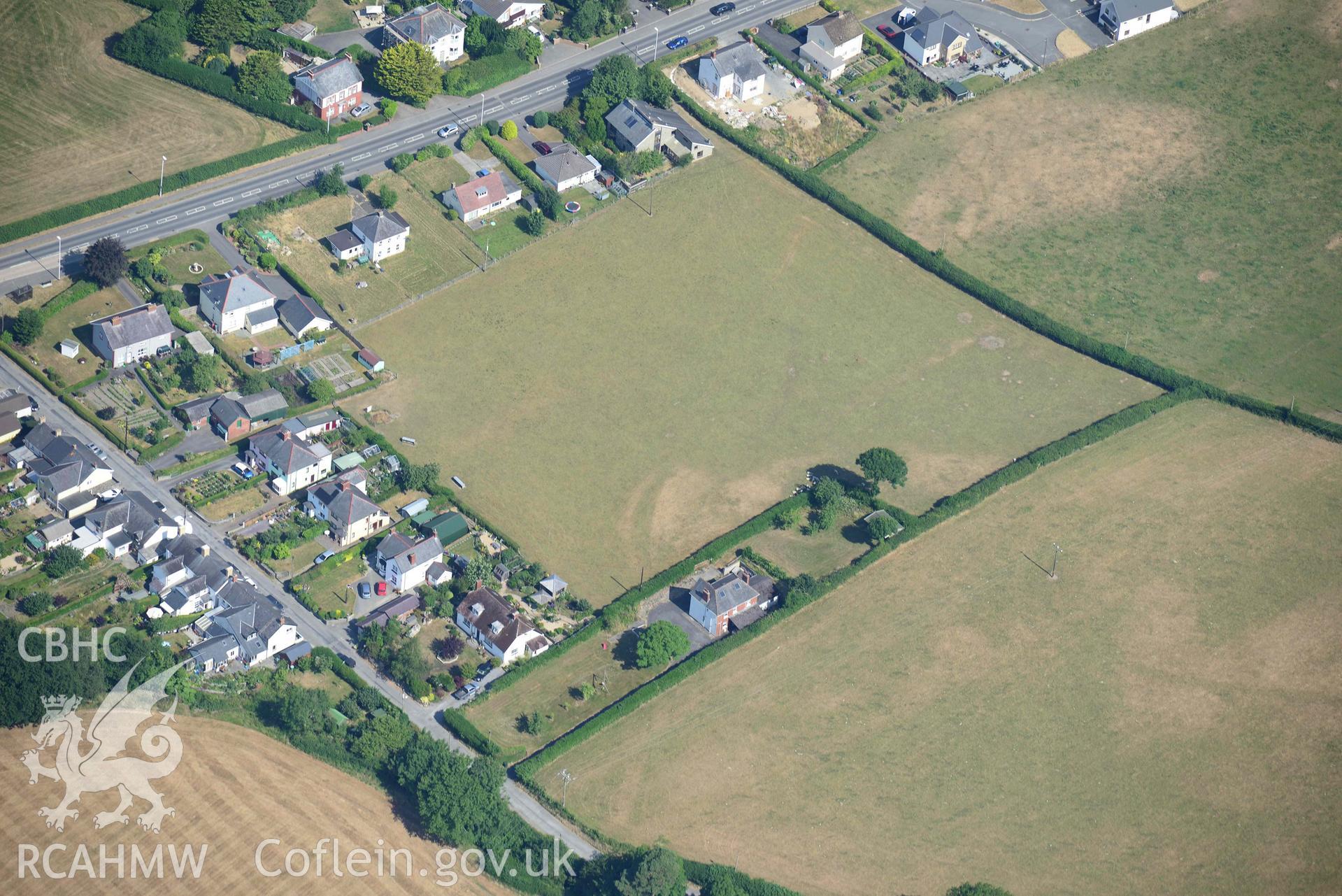 Aerial photograph: Gaergywydd, cropmarks of defended enclosure. Crown: CHERISH PROJECT 2018. Produced with EU funds through the Ireland Wales Co-operation Programme 2014-2020 (NGR: SN628851)