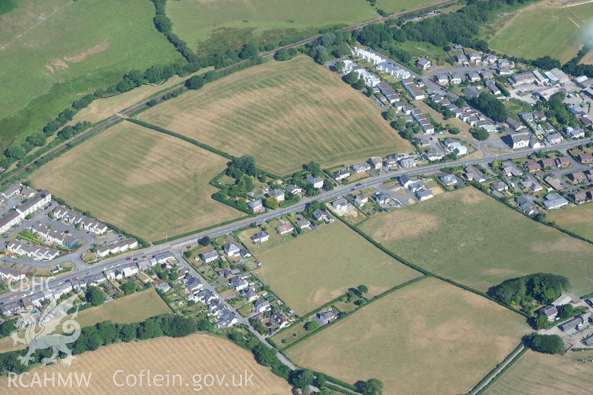 Aerial photograph: Gaergywydd, cropmarks of defended enclosure. Crown: CHERISH PROJECT 2018. Produced with EU funds through the Ireland Wales Co-operation Programme 2014-2020 (NGR: SN628851)