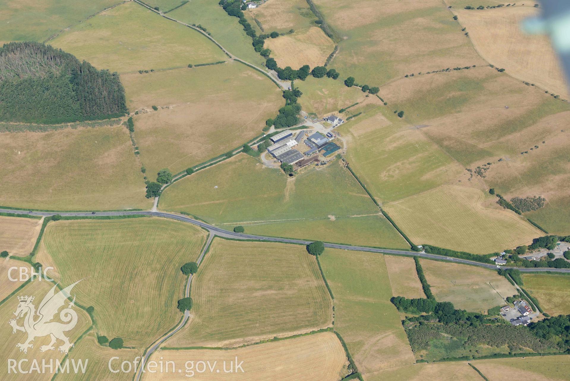 Aerial photograph: NEW RECORD Pwll-glas, possible Roman road. Crown: CHERISH PROJECT 2018. Produced with EU funds through the Ireland Wales Co-operation Programme 2014-2020 (NGR: SN638869)