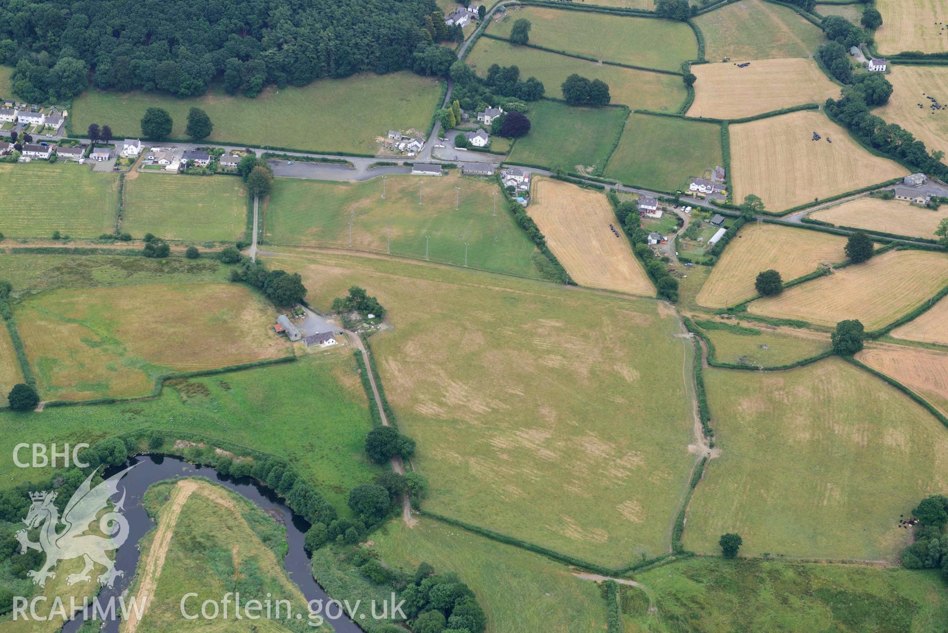 Aerial photograph: Beili-coch Cwmann, cropmark enclosure. Crown: CHERISH PROJECT 2018. Produced with EU funds through the Ireland Wales Co-operation Programme 2014-2020 (NGR SN575468)