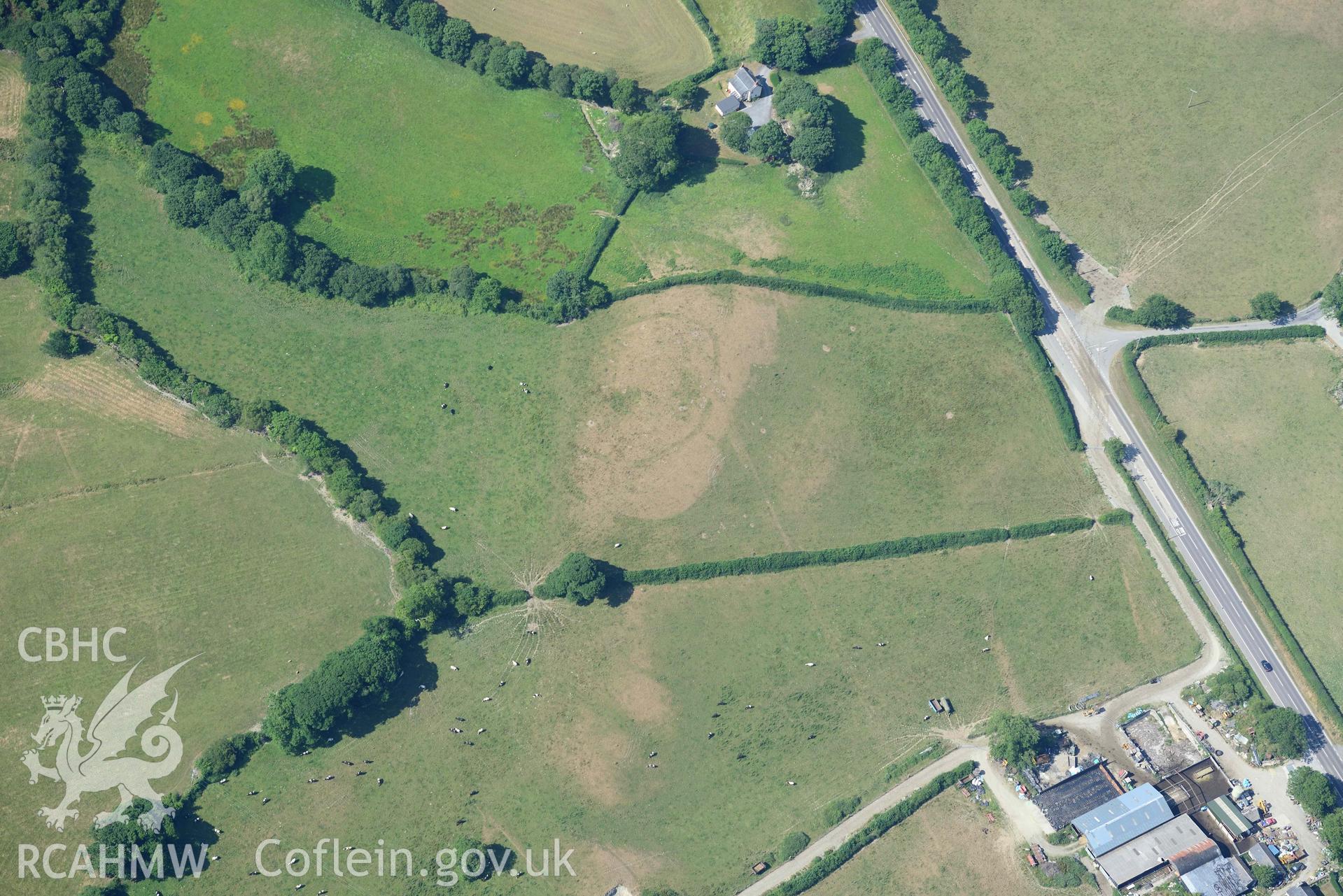 Aerial photograph: Odyn Fach defended enclosure, cropmarks. Crown: CHERISH PROJECT 2018. Produced with EU funds through the Ireland Wales Co-operation Programme 2014-2020 (NGR: SN646876)