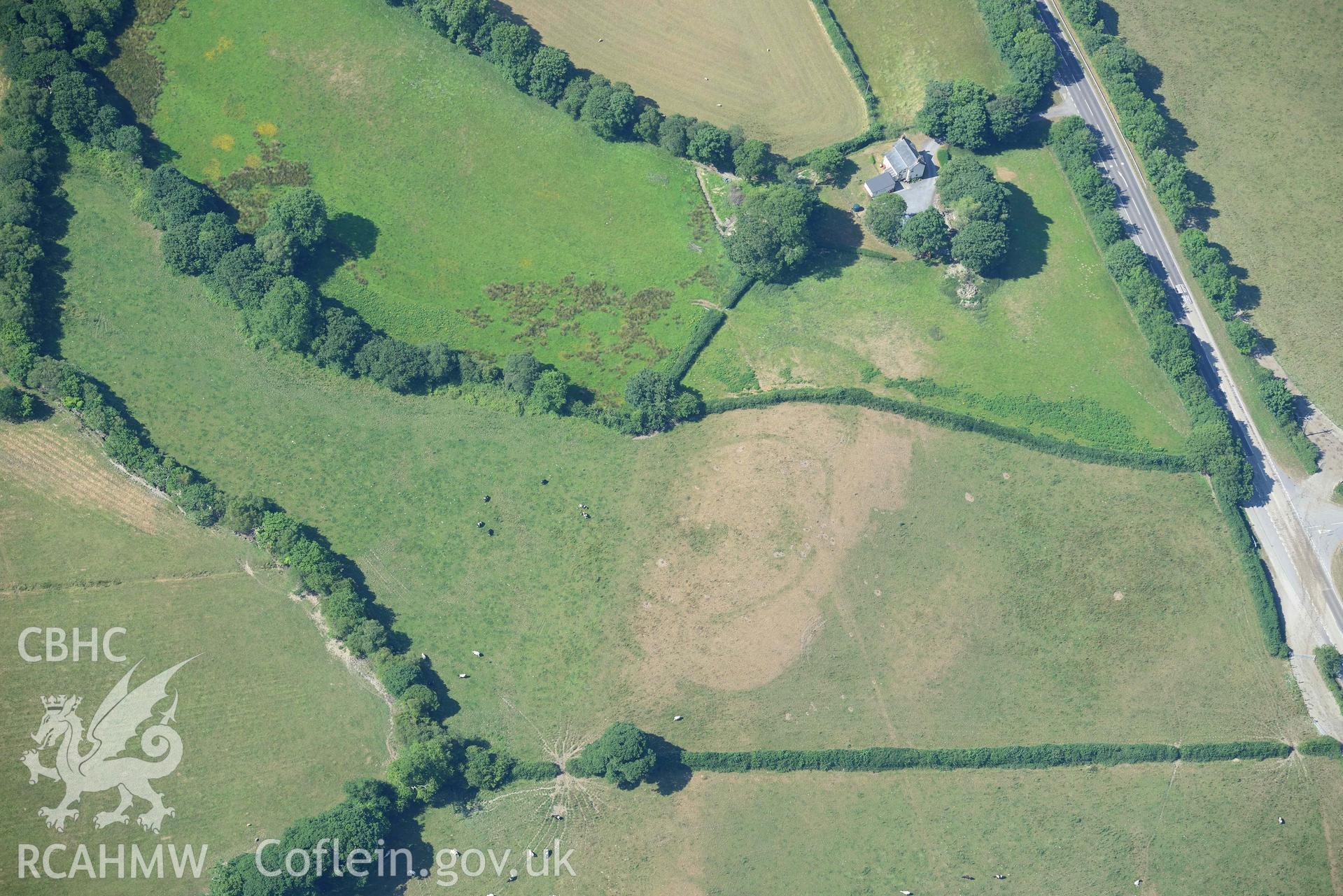 Aerial photograph: Odyn Fach defended enclosure, cropmarks. Crown: CHERISH PROJECT 2018. Produced with EU funds through the Ireland Wales Co-operation Programme 2014-2020 (NGR: SN646876)