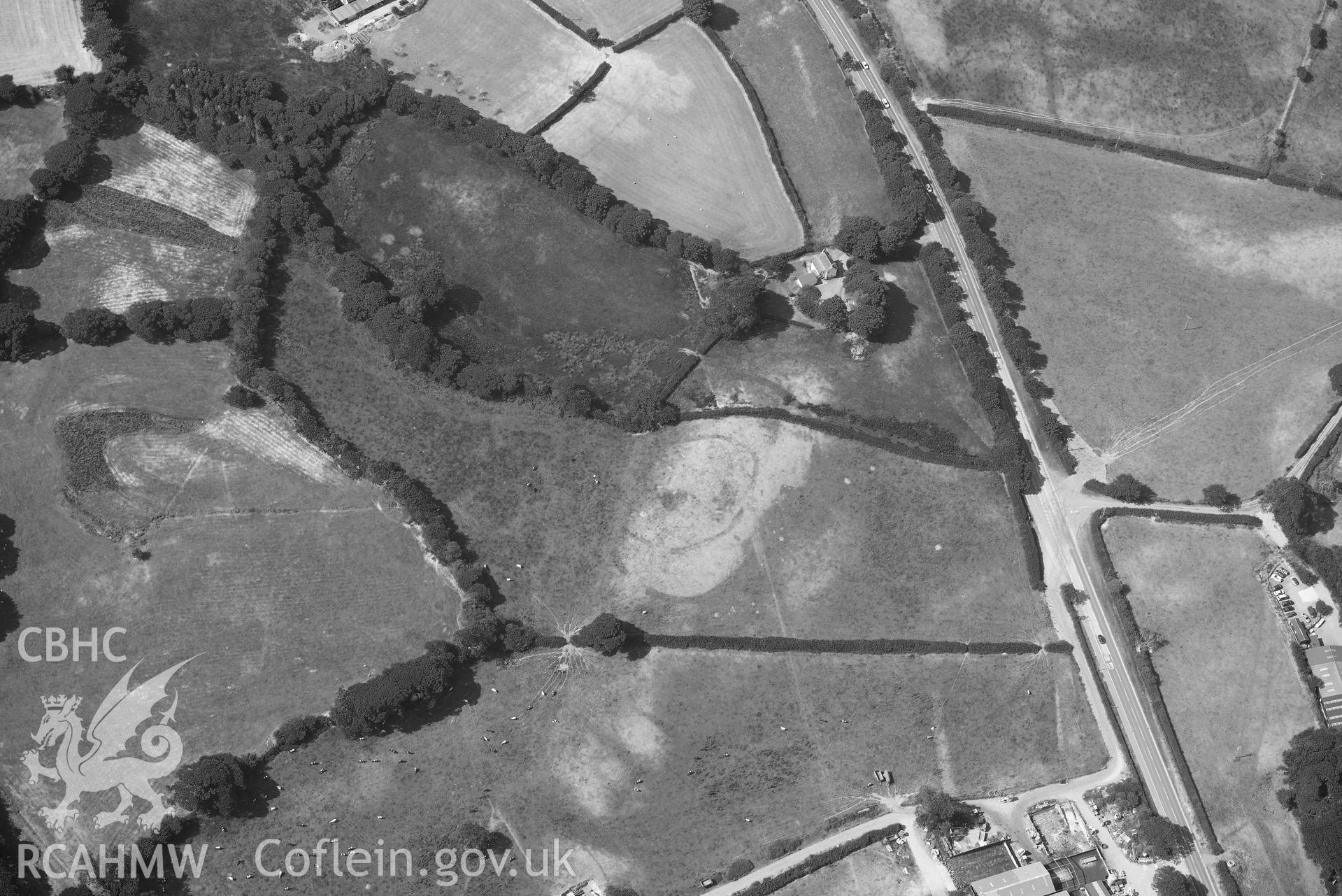 Aerial photograph: Roman road parchmarks at Odyn Fach. Crown: CHERISH PROJECT 2018. Produced with EU funds through the Ireland Wales Co-operation Programme 2014-2020 (NGR: SN646876)